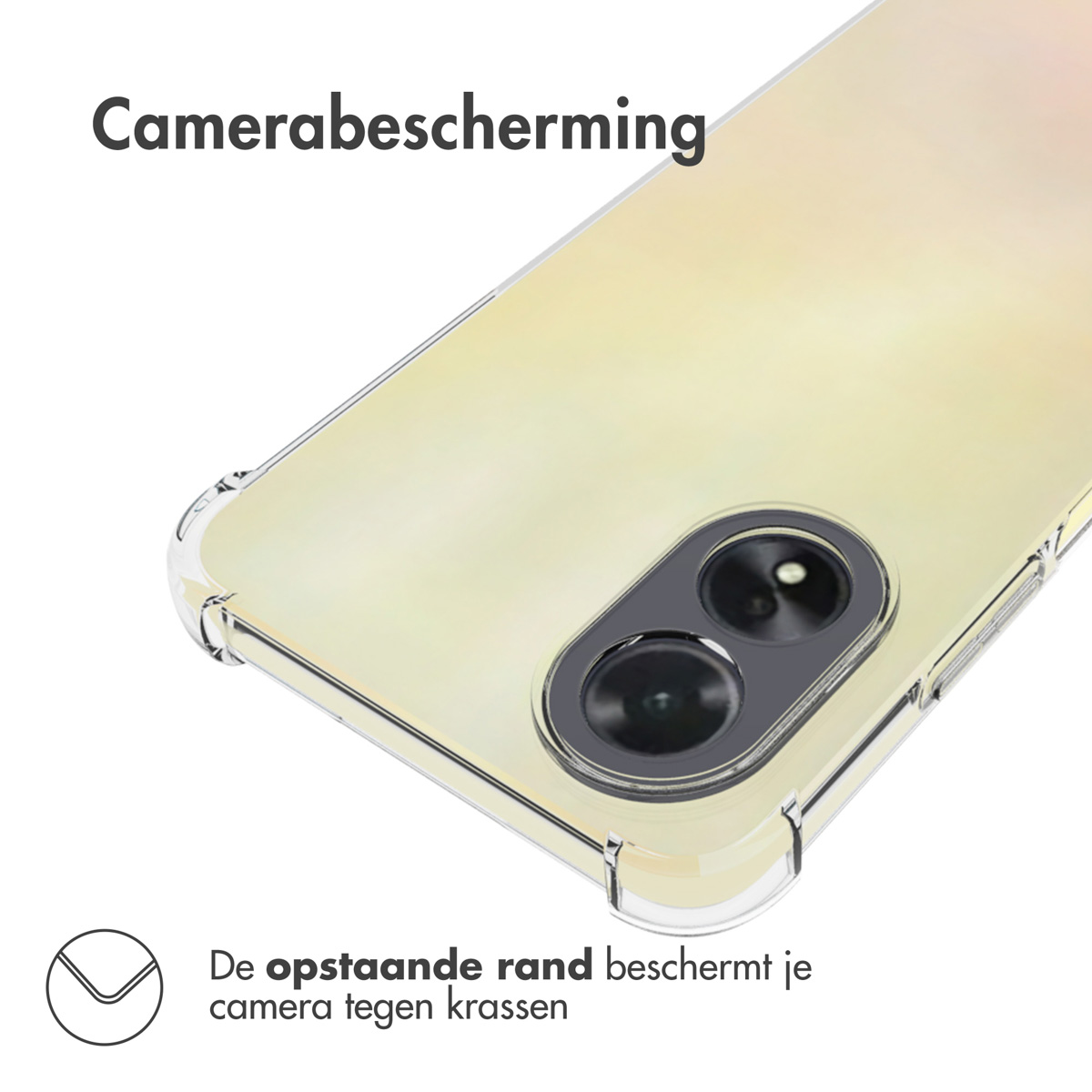 Telefoonhoek in doorzichtige hoes, camera beschermd door verhoogde rand.