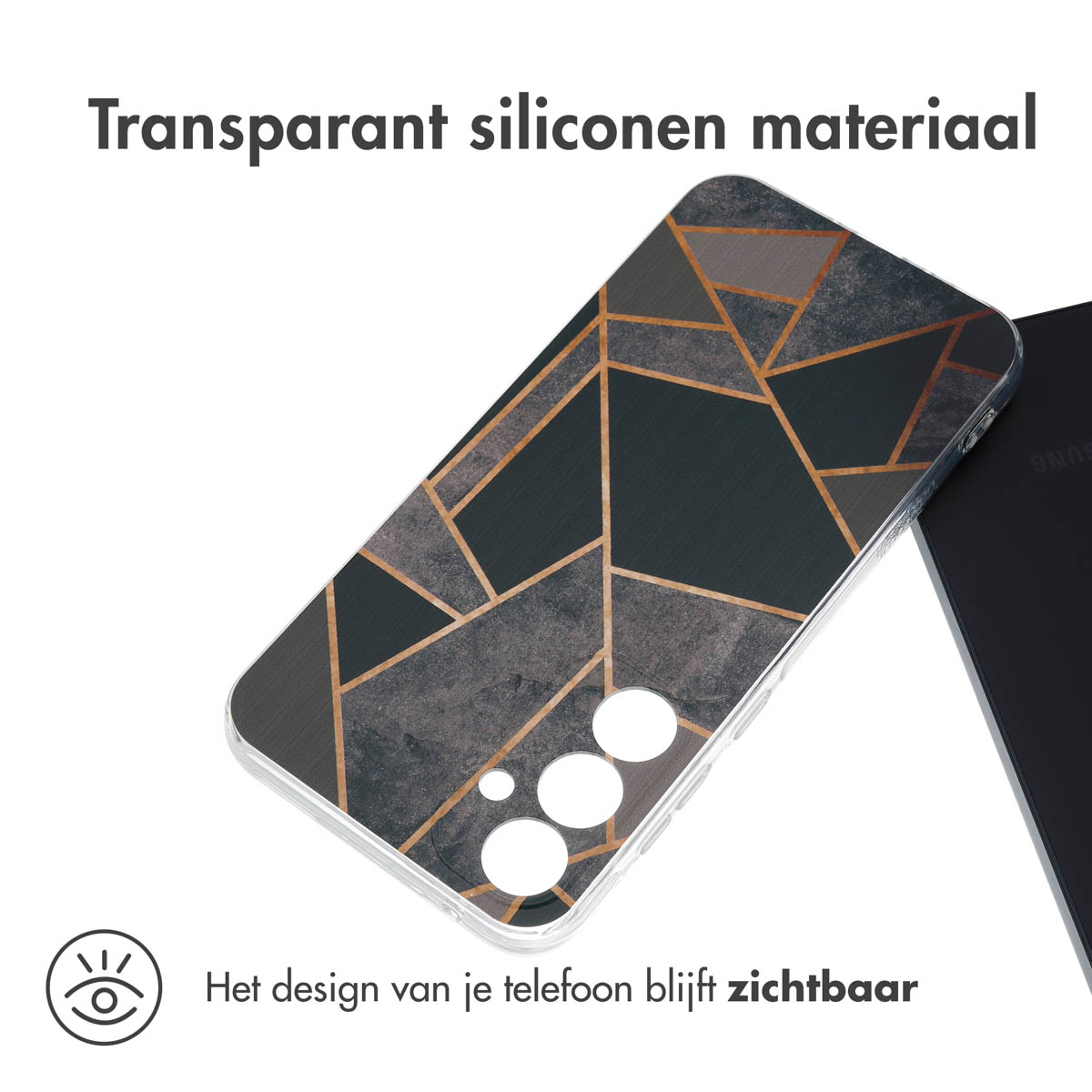 Telefoonhoesje met een zwart en goud geometrisch patroon. Het telefoondesign is zichtbaar.