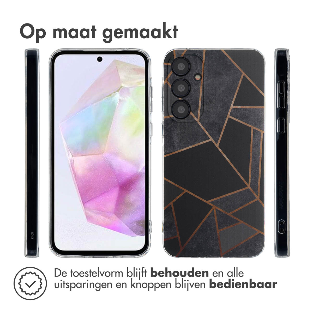 Een telefoonhoesje met geometrisch ontwerp en een telefoon die het scherm weergeeft.
