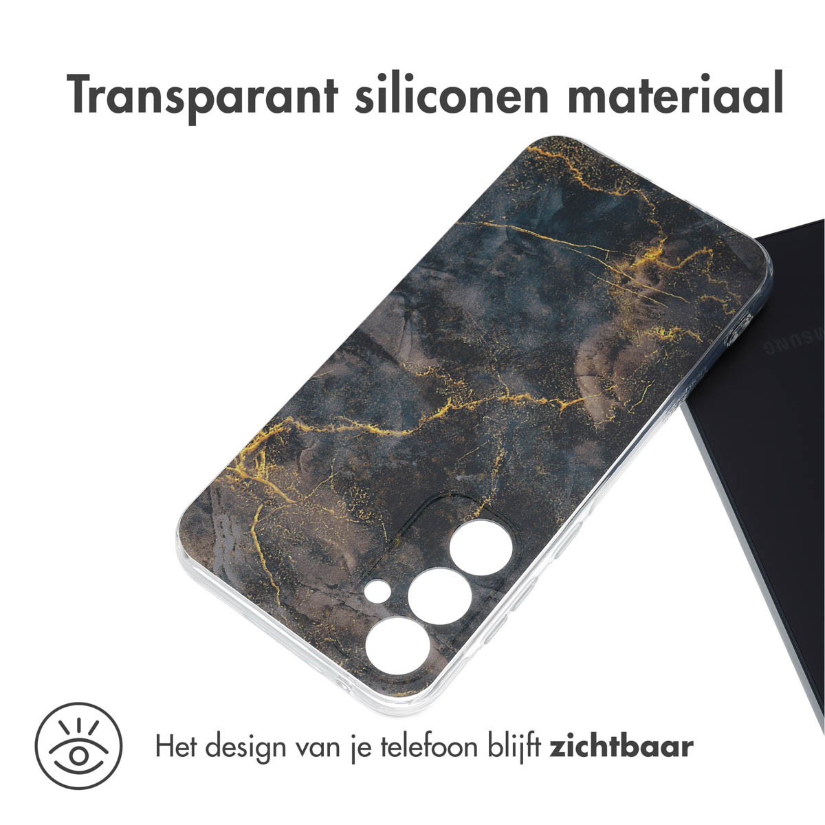 Telefoonhoes met marmerdesign. Tekst: het design van je telefoon blijft zichtbaar.