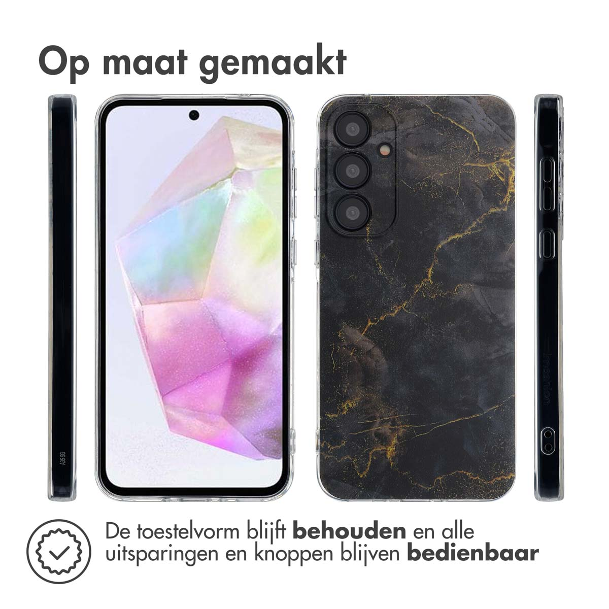 Telefoonhoesje met een zwart marmerpatroon. Tekst: De vorm blijft behouden en alle uitsparingen blijven bedienbaar.