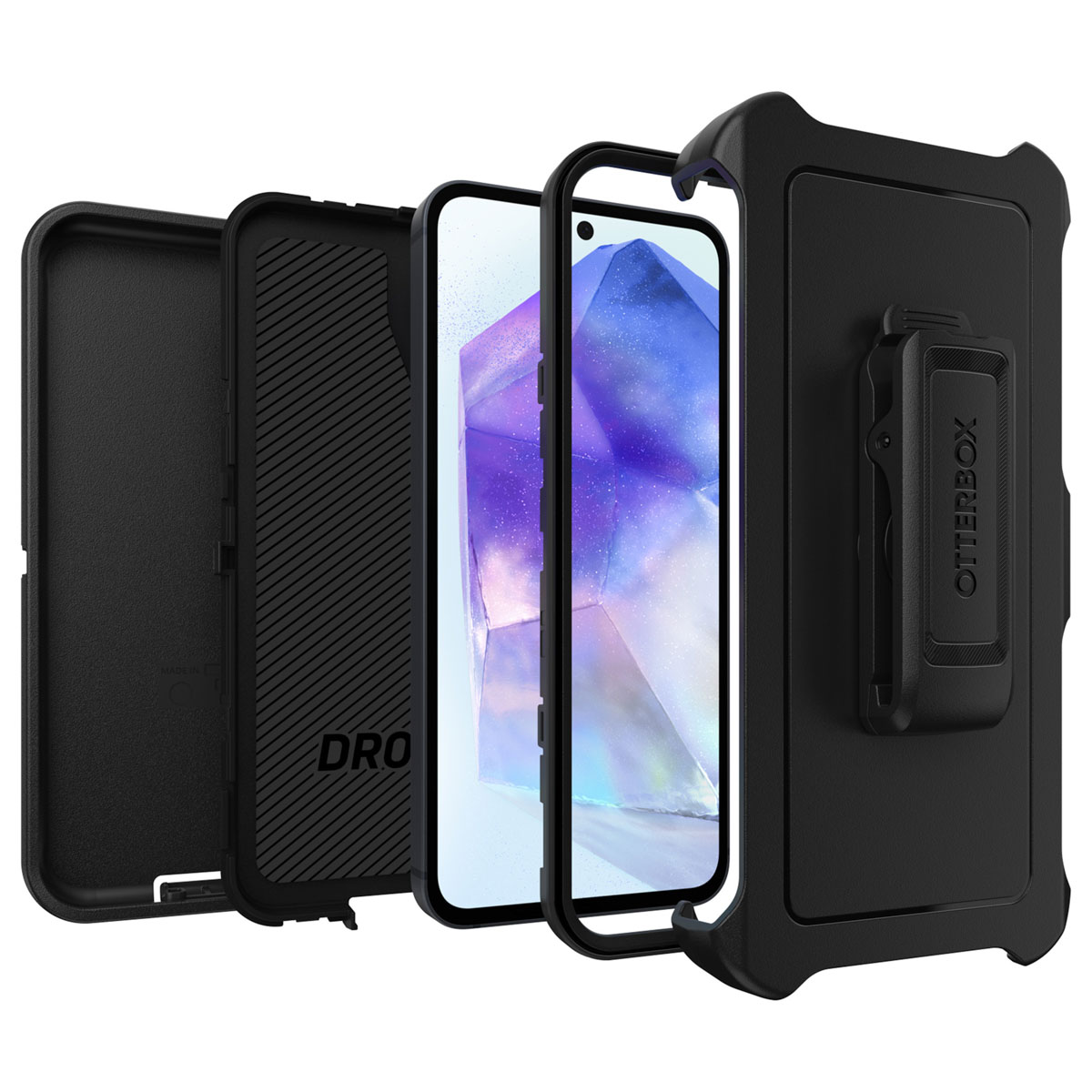 Zwarte telefoonhoes componenten, met lagen met telefoon, Otterbox clip.