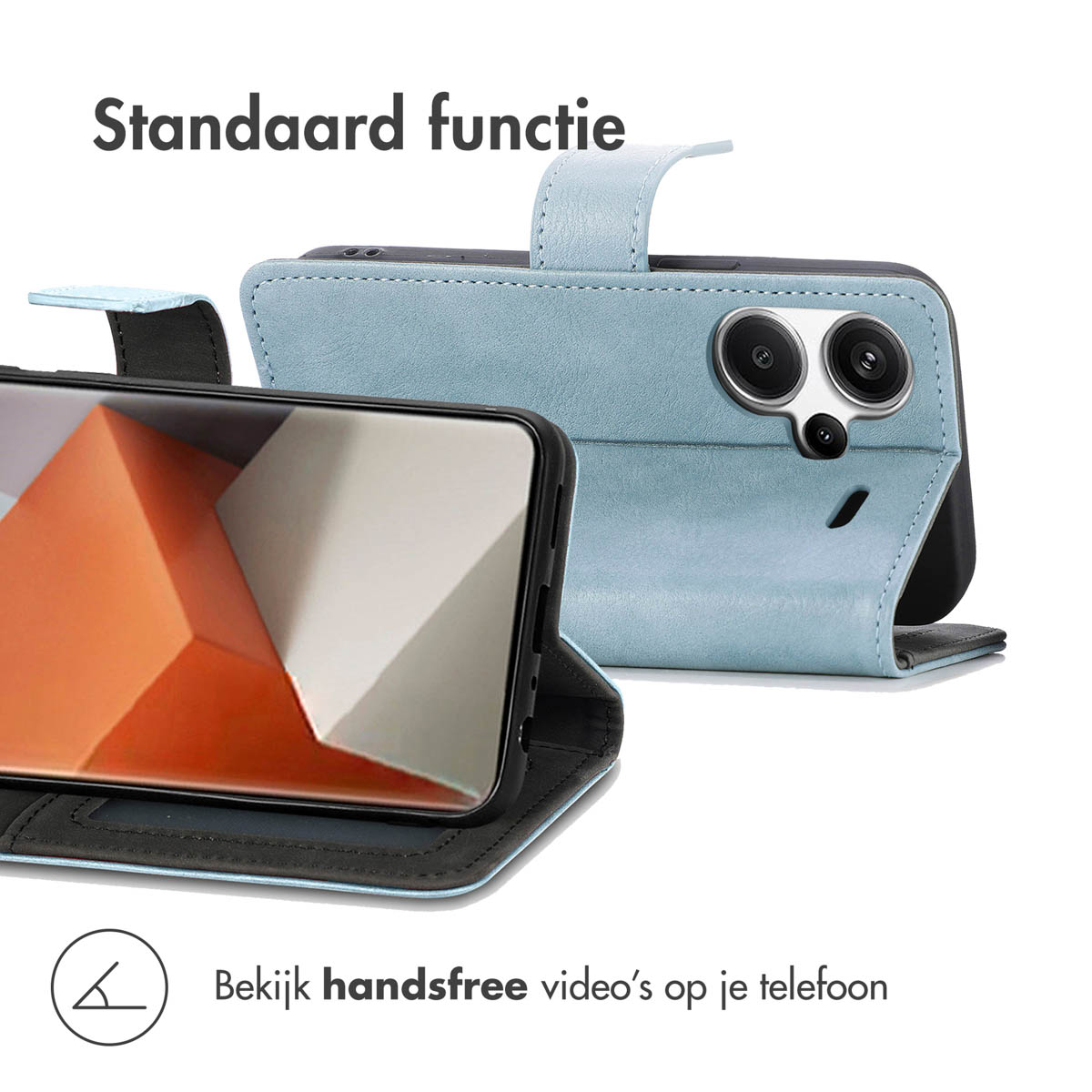 Een lichtblauwe telefoon flipcase met camera-uitsparing en telefoon.