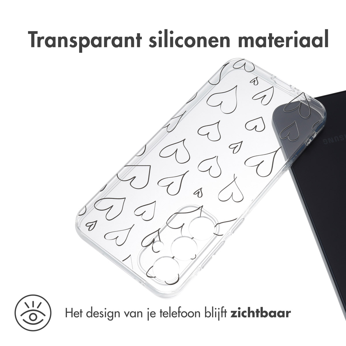 Transparante telefoonhoes met hartjes. Toont het ontwerp.