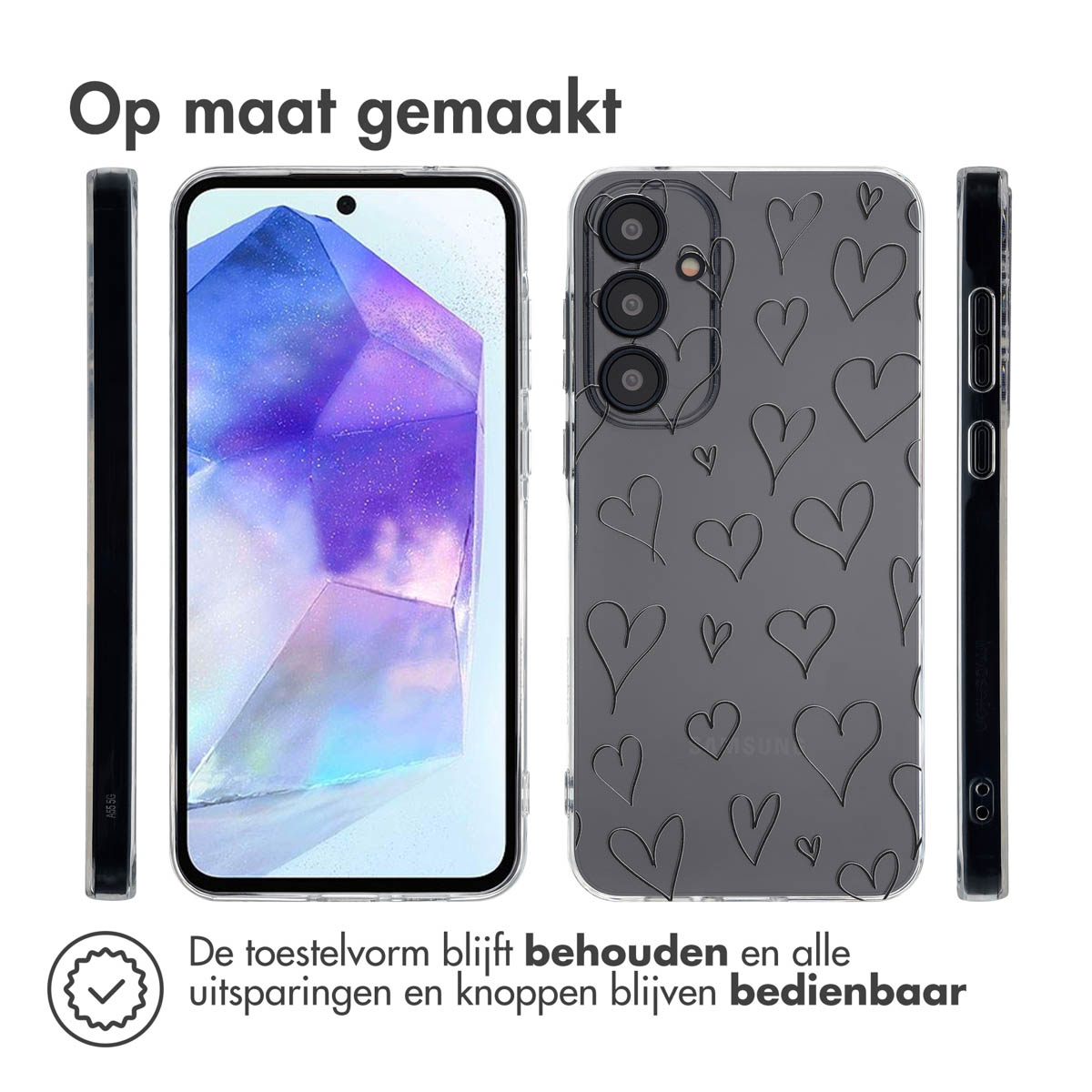 Een telefoonhoesje met een hartontwerp en een telefoon die het scherm weergeeft.