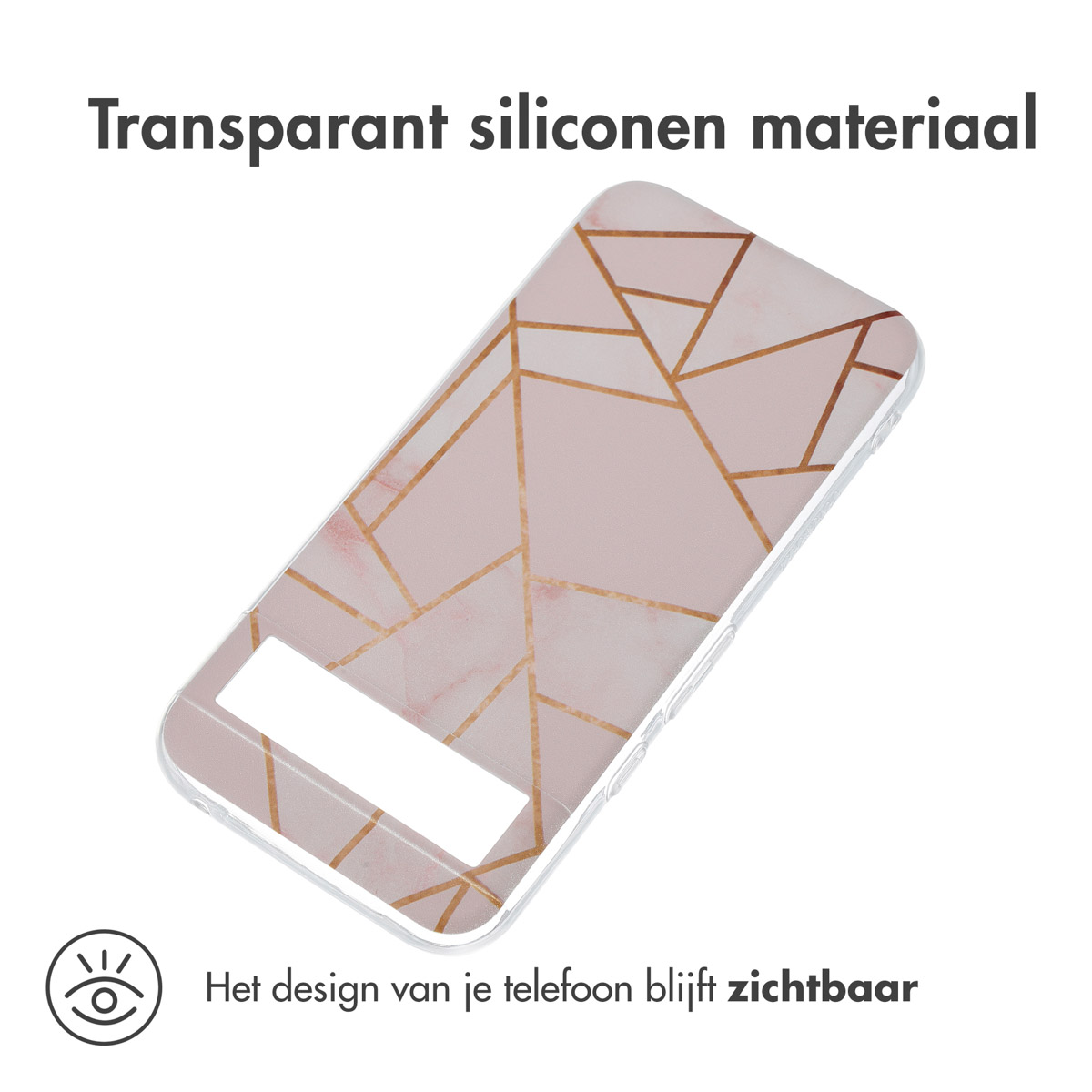 Handyhülle mit geometrischem Design, rosa und goldfarben. Die Hülle hat einen transparenten Hintergrund.