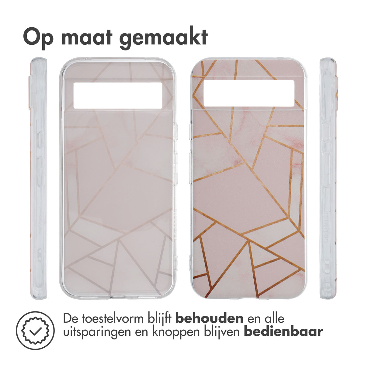 Handyhülle mit geometrischem Design, rosa und goldfarben. Die Hülle hat einen transparenten Hintergrund.
