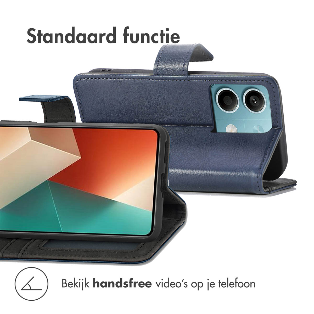 Donkerblauw telefoonhoesje met telefoon rechtop voor handsfree video.
