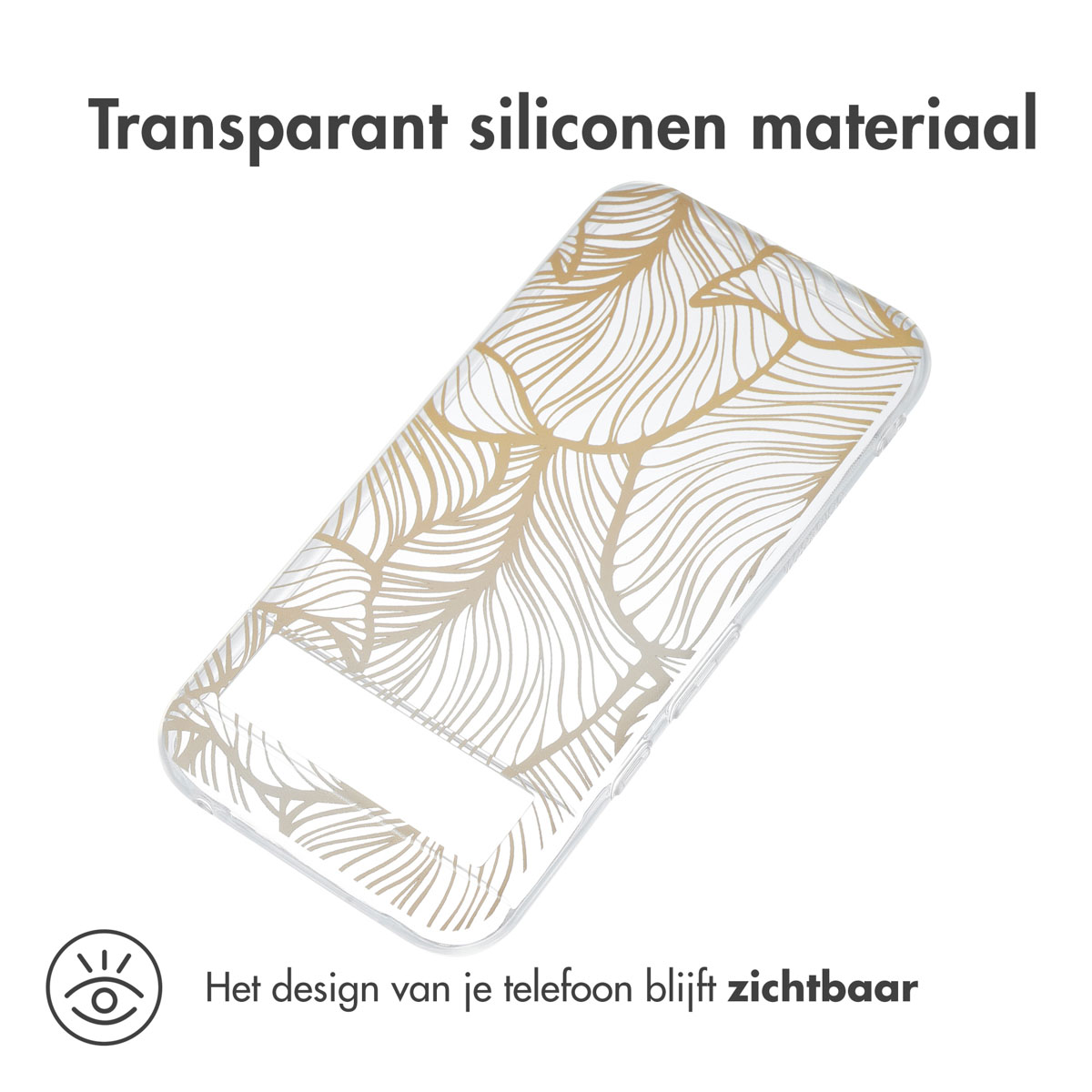 Transparente Handyhülle mit blattähnlichem Design. Das Design ist gold und weiß, mit transparentem Hintergrund.