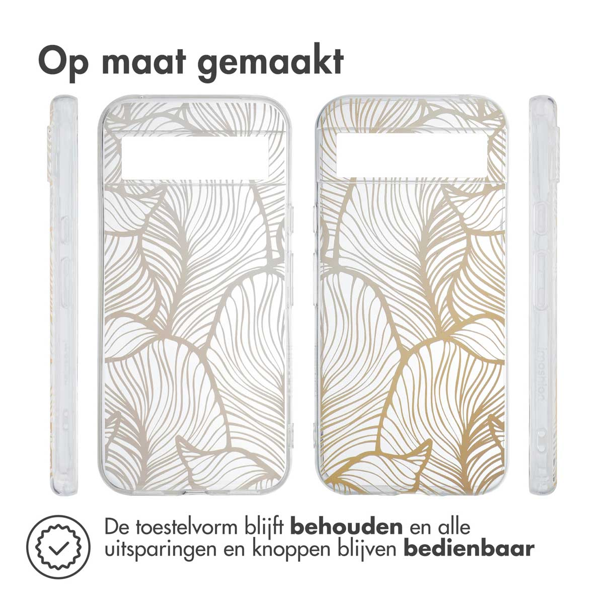 Handyhülle mit blattähnlichem Design in Gold und Weiß. Die Hülle hat einen transparenten Hintergrund.