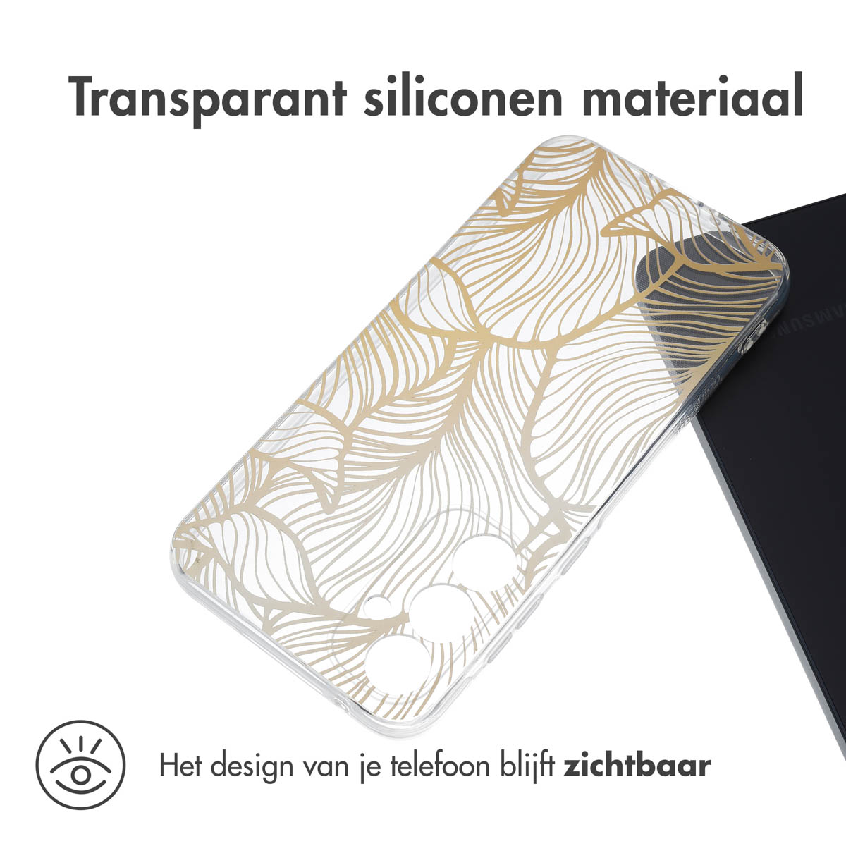 Coque de téléphone transparente avec motif de feuilles dorées sur surface noire. Coque inclinée.