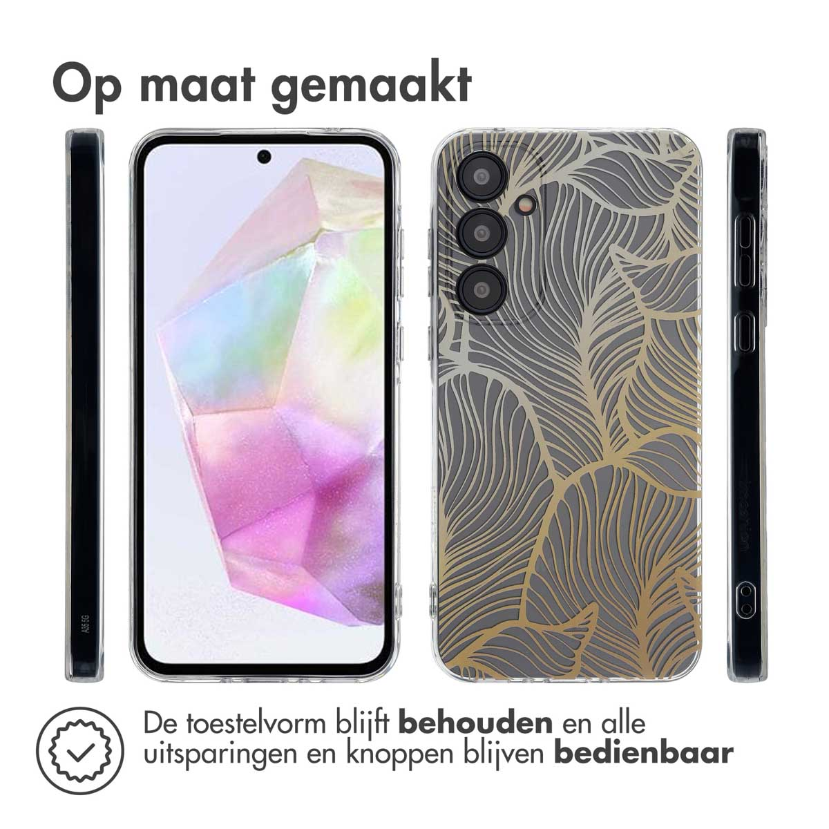 Une coque de téléphone avec un motif de feuilles et un téléphone affichant l'écran.