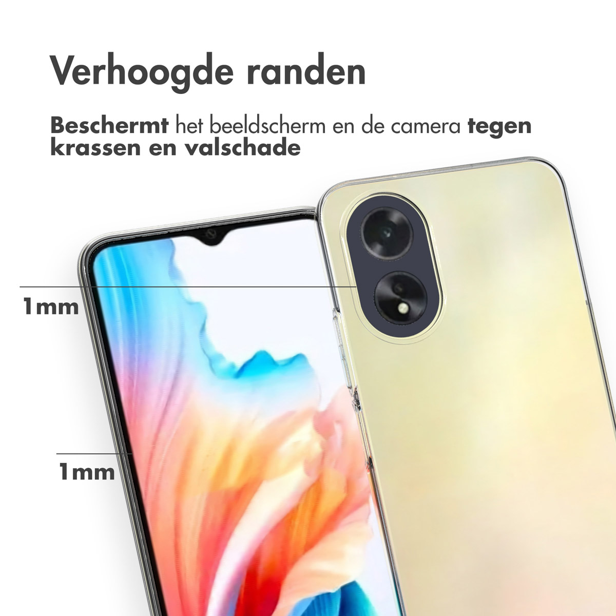 Transparante telefoonhoes die scherm en camera beschermt. De hoes is transparant, gele telefoon.