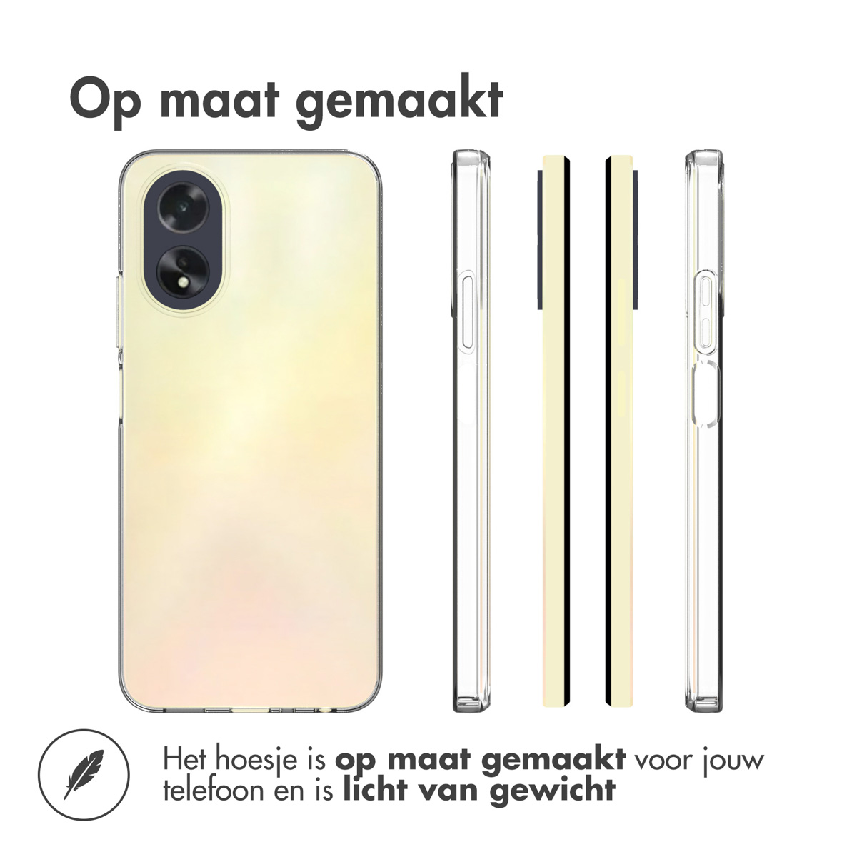 Telefoonhoes in gele verloopkleur met meerdere weergaven.