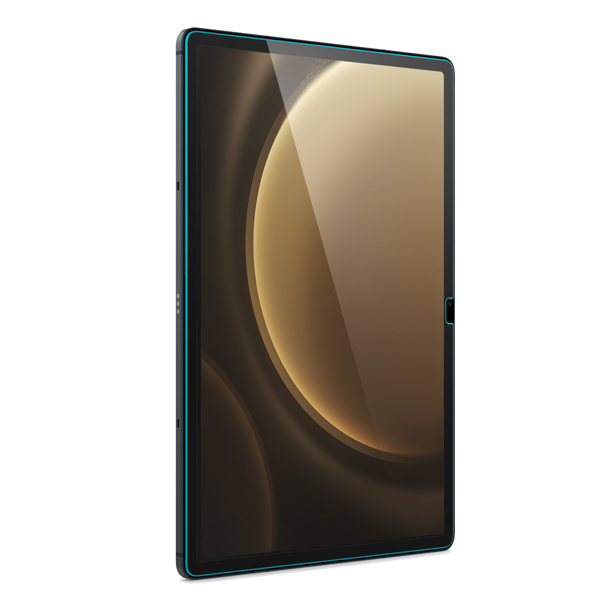 Tablet nero con un design dorato sullo schermo. La custodia ha un bordo turchese.