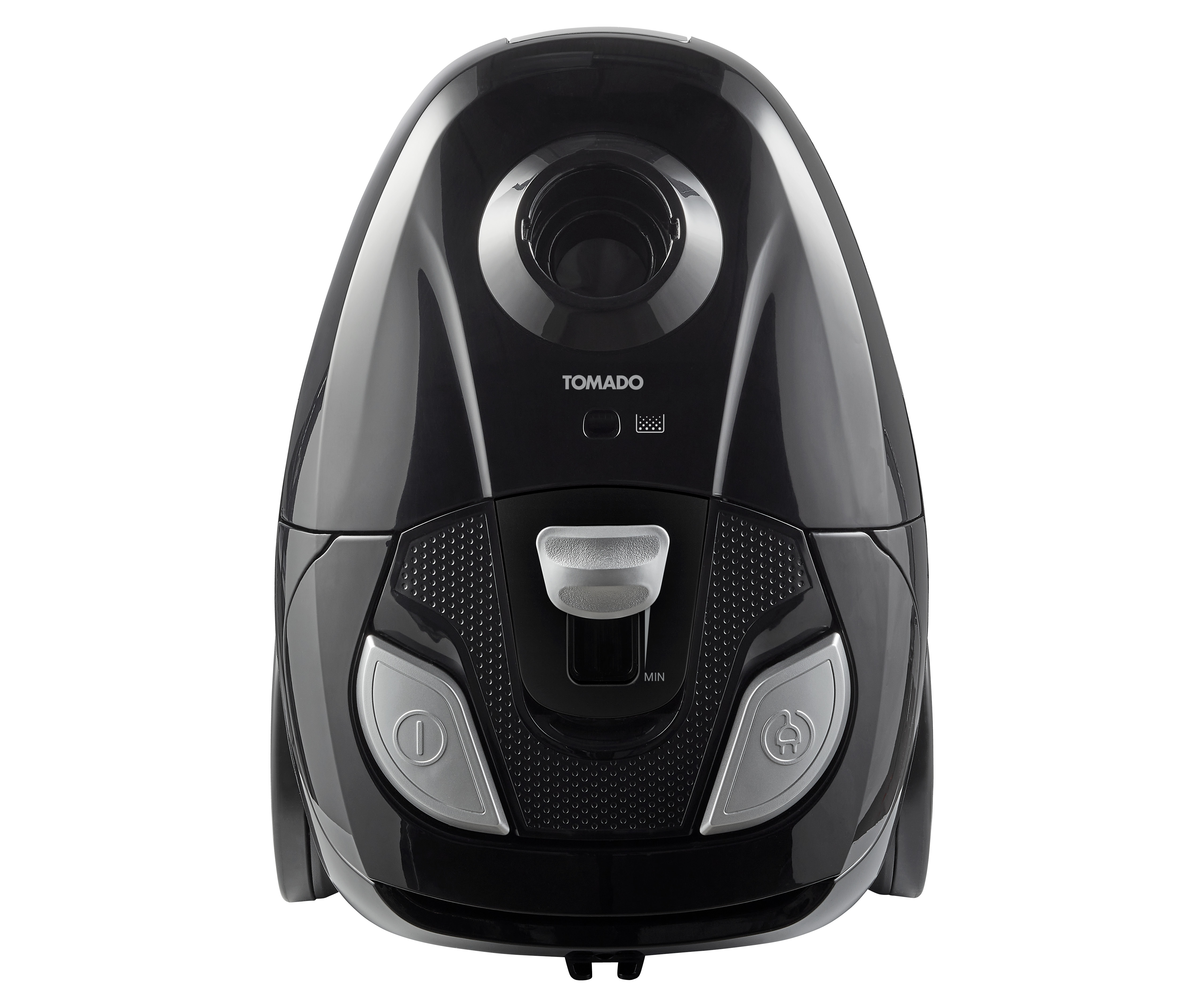 Black vacuum cleaner. Front view, with buttons and the brand name TOMADO.