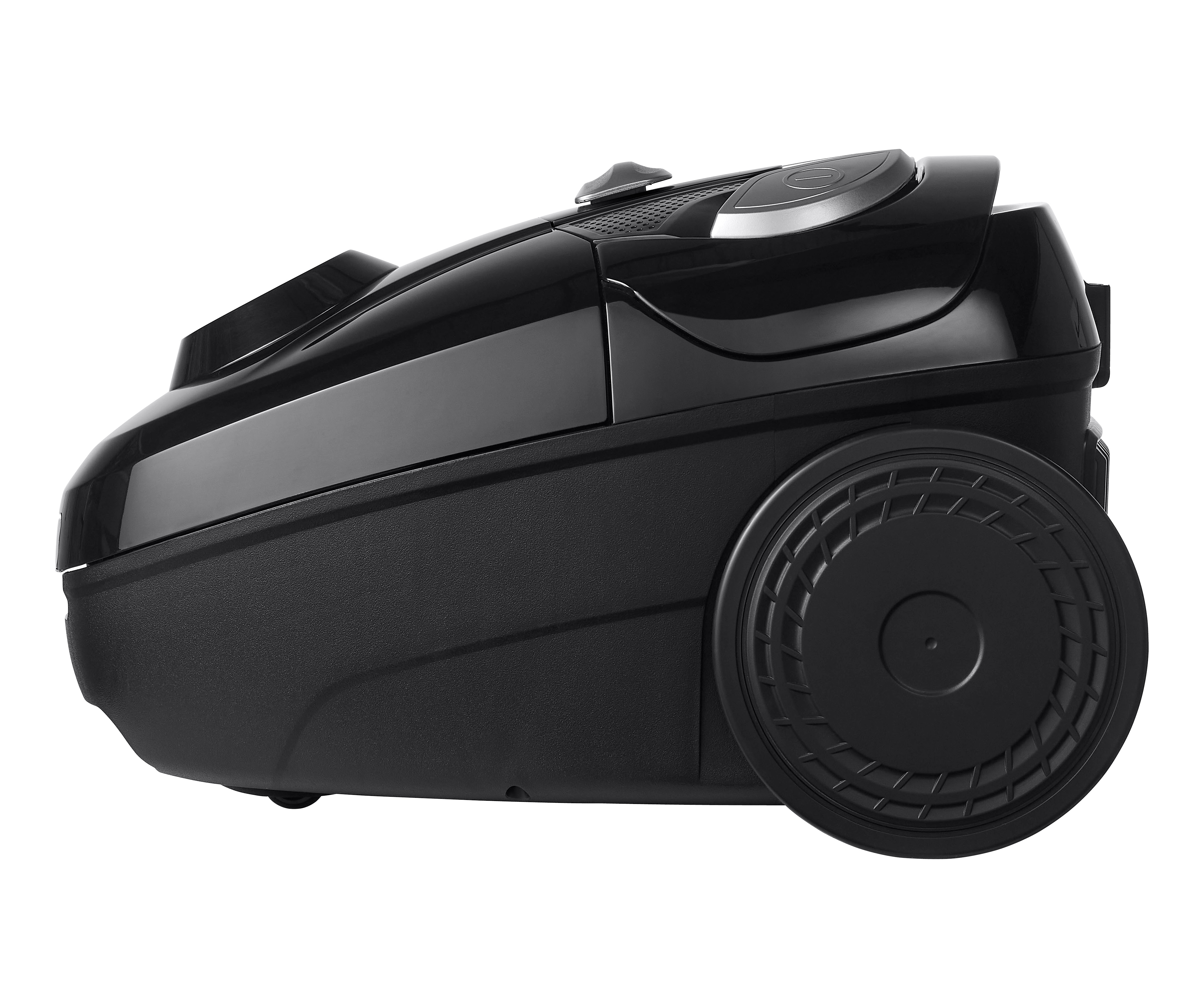 Black vacuum cleaner, side view, isolated on white.