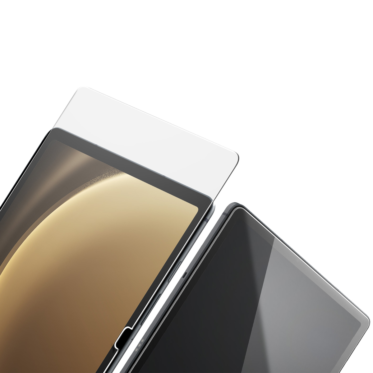 Tablet con protezioni schermo, uno con e uno senza.