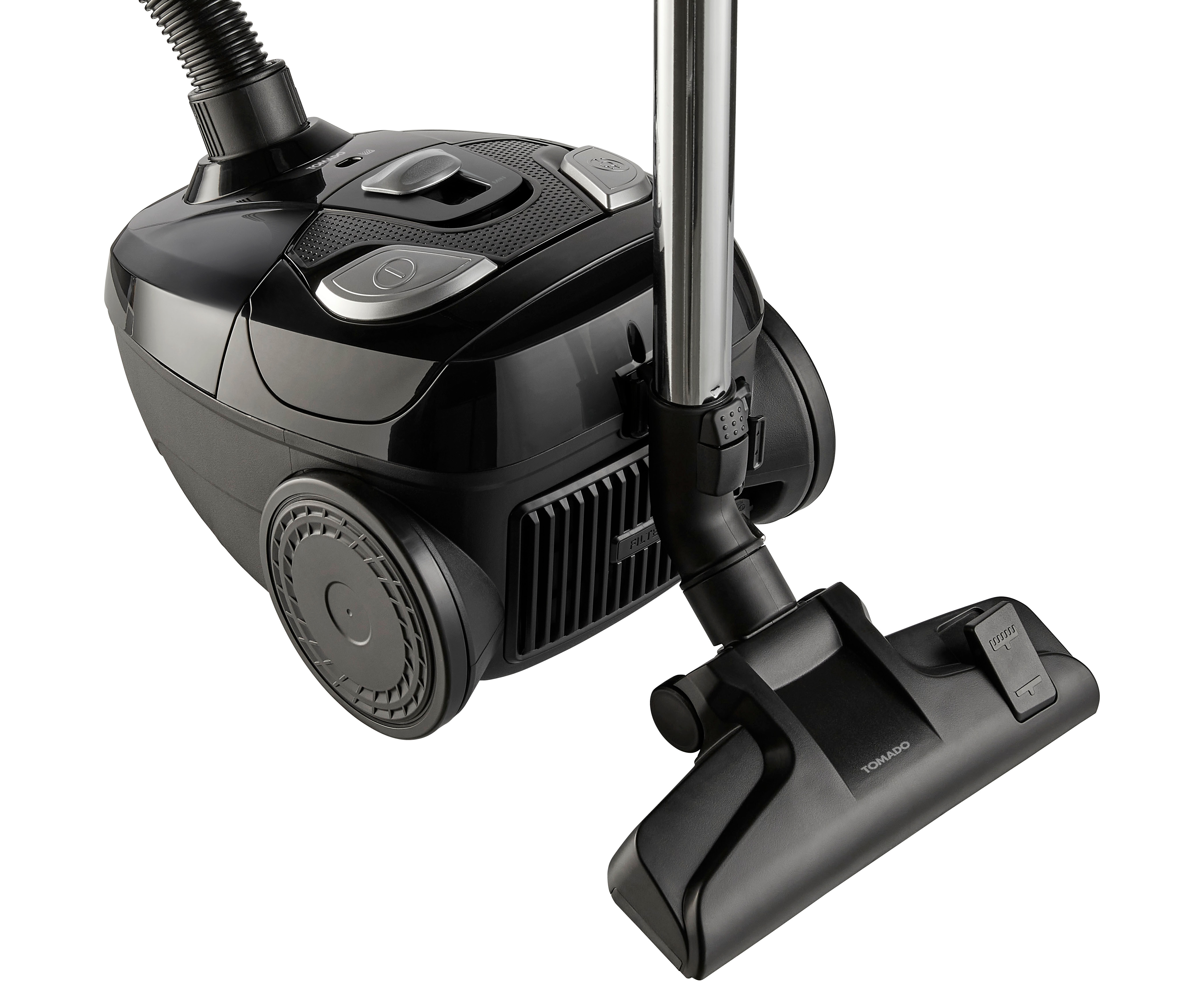 Black vacuum cleaner. The vacuum cleaner is black. The nozzle and handle are also black.