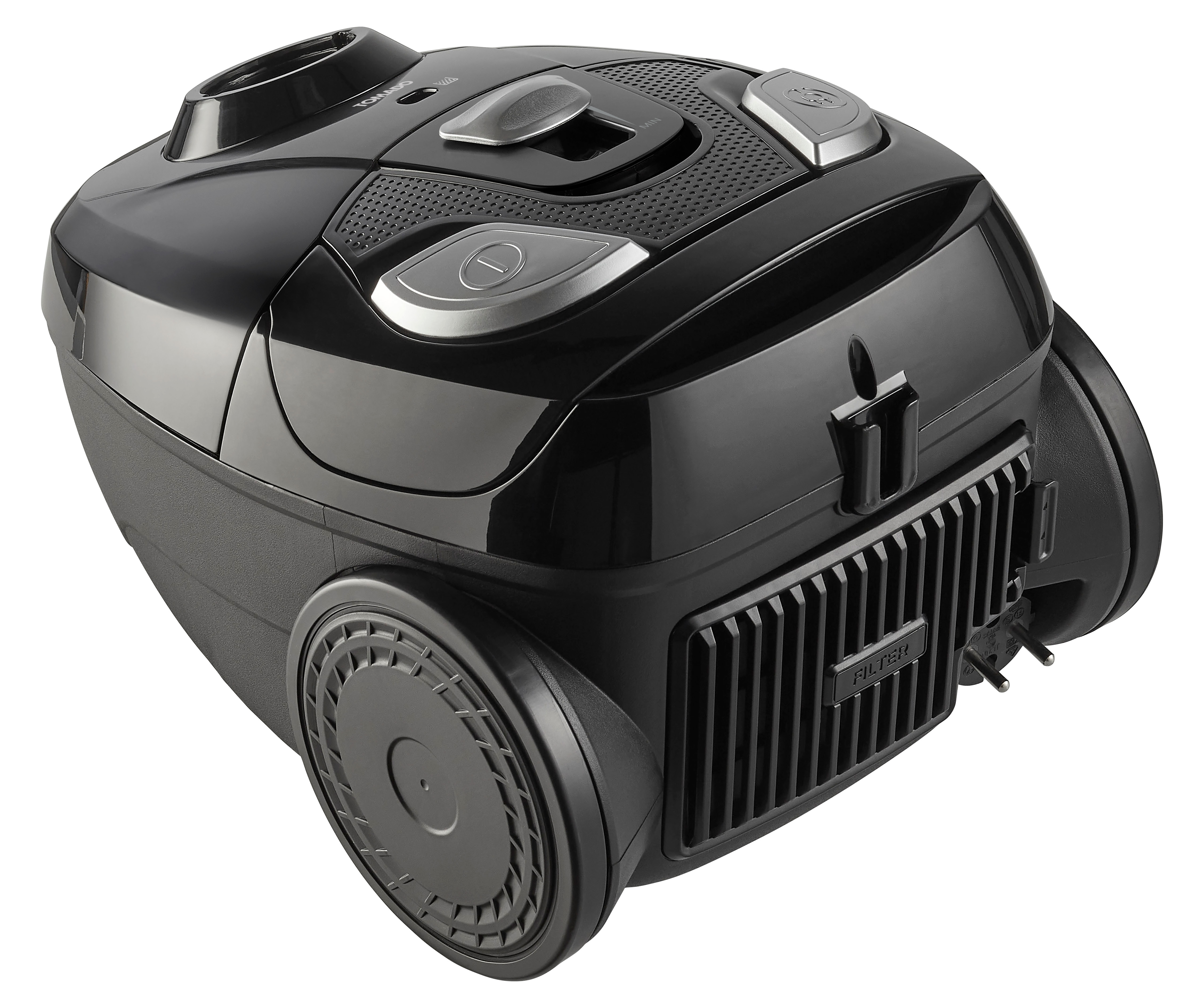 Black vacuum cleaner, top view, with controls, black body, white background.