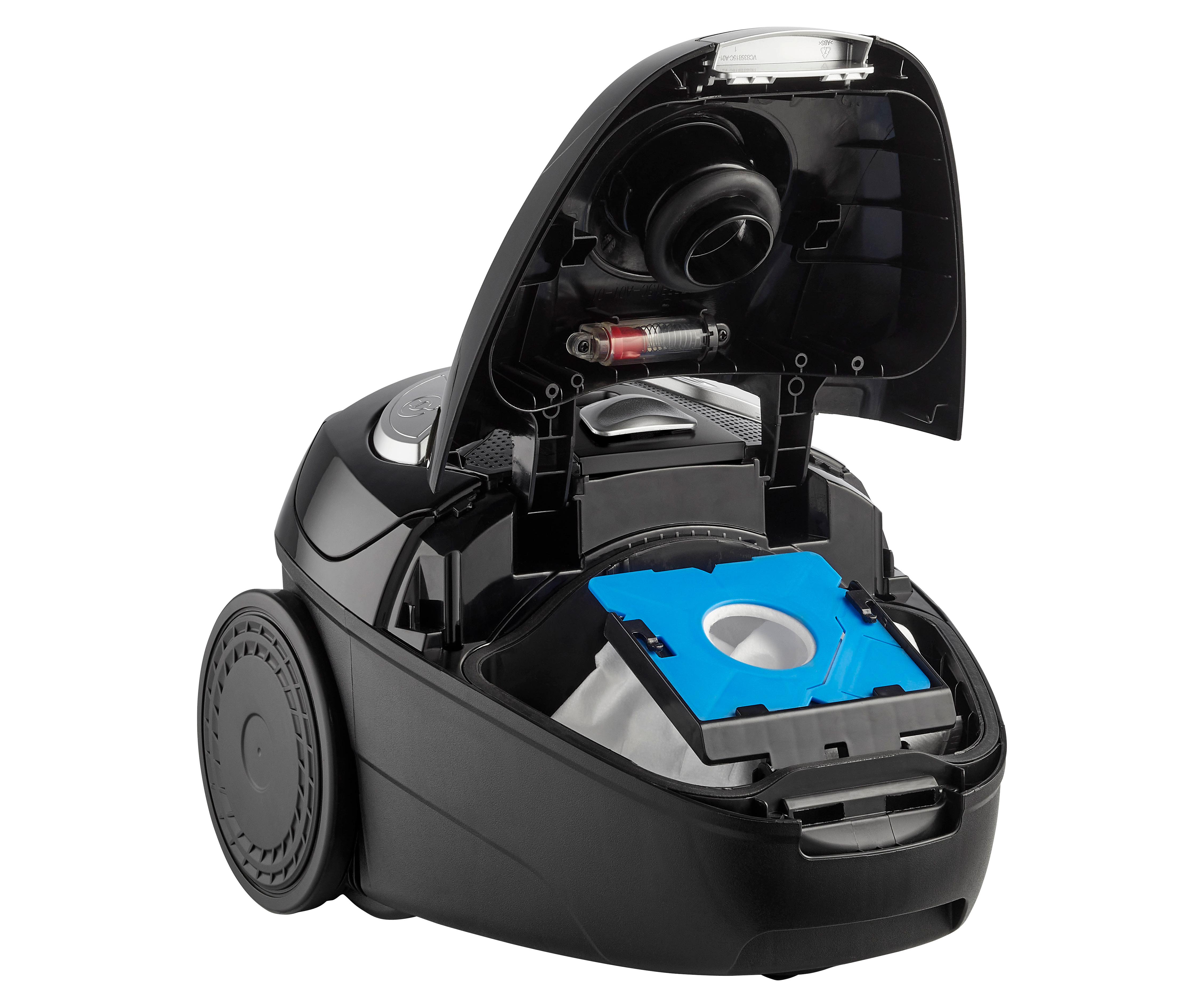 Black vacuum cleaner, top open, revealing the dust bag and internal components. White background.