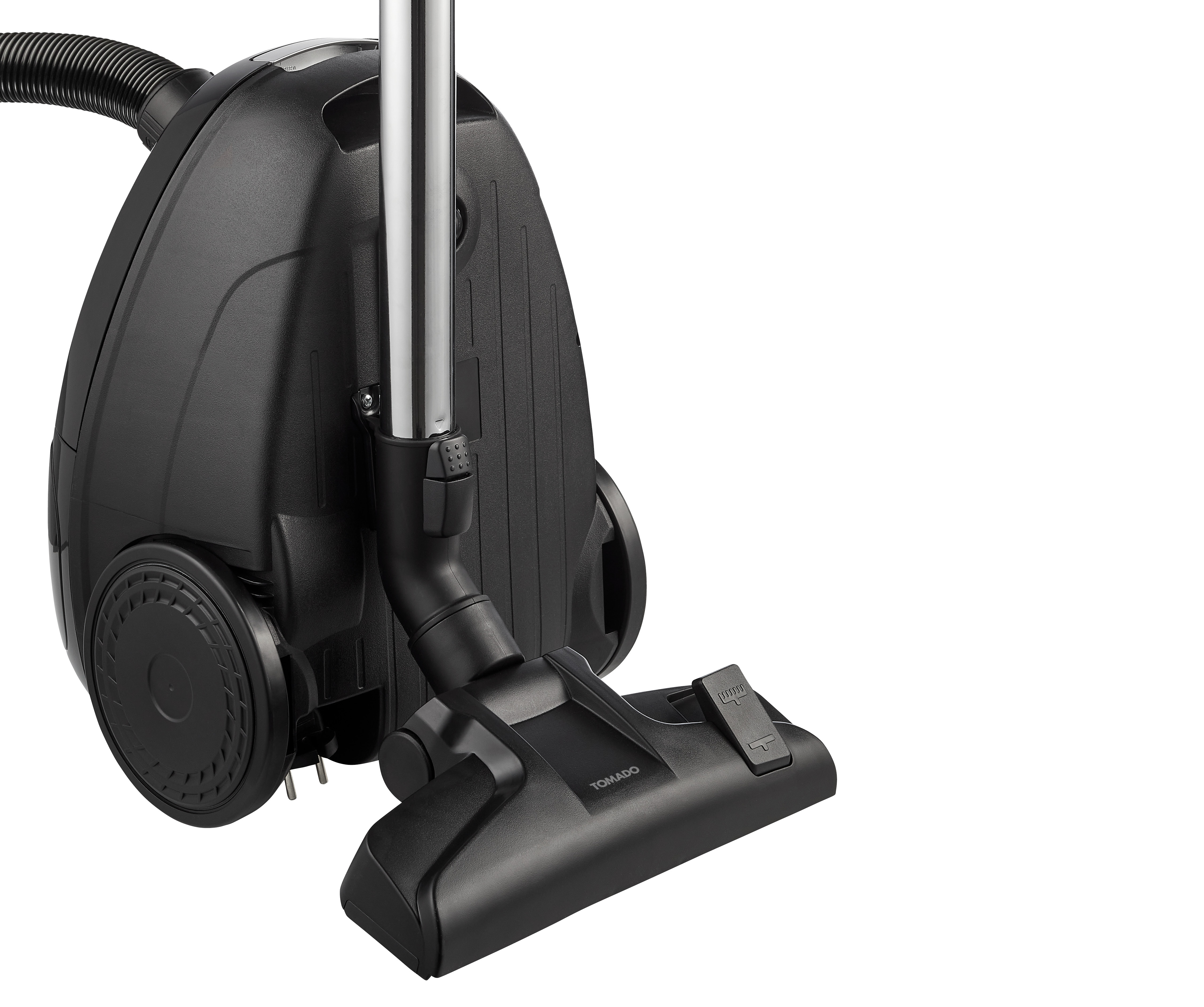 A black vacuum cleaner, angled, showing the head and part of the body. White background.