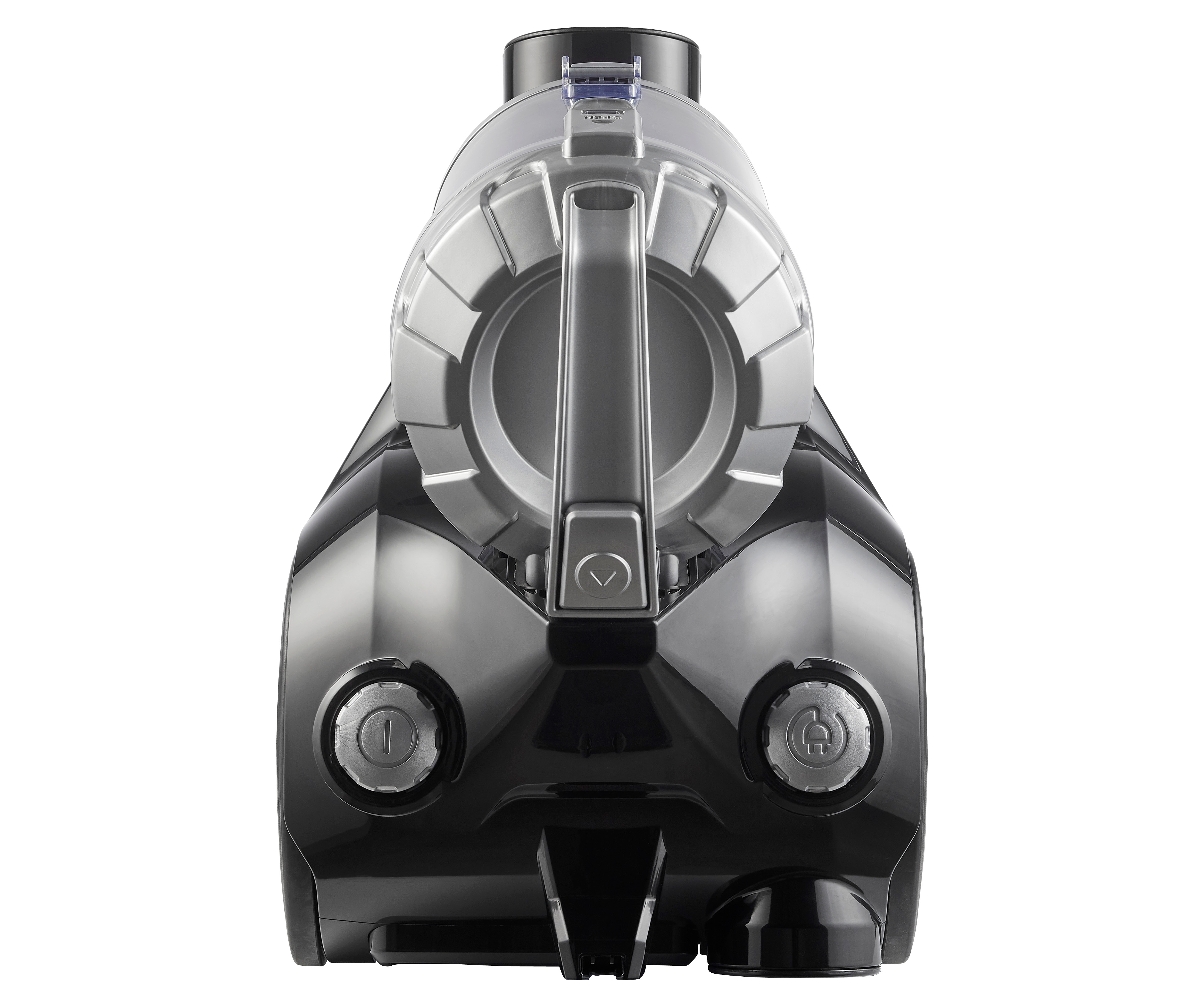 Black vacuum cleaner, front view, isolated on white.