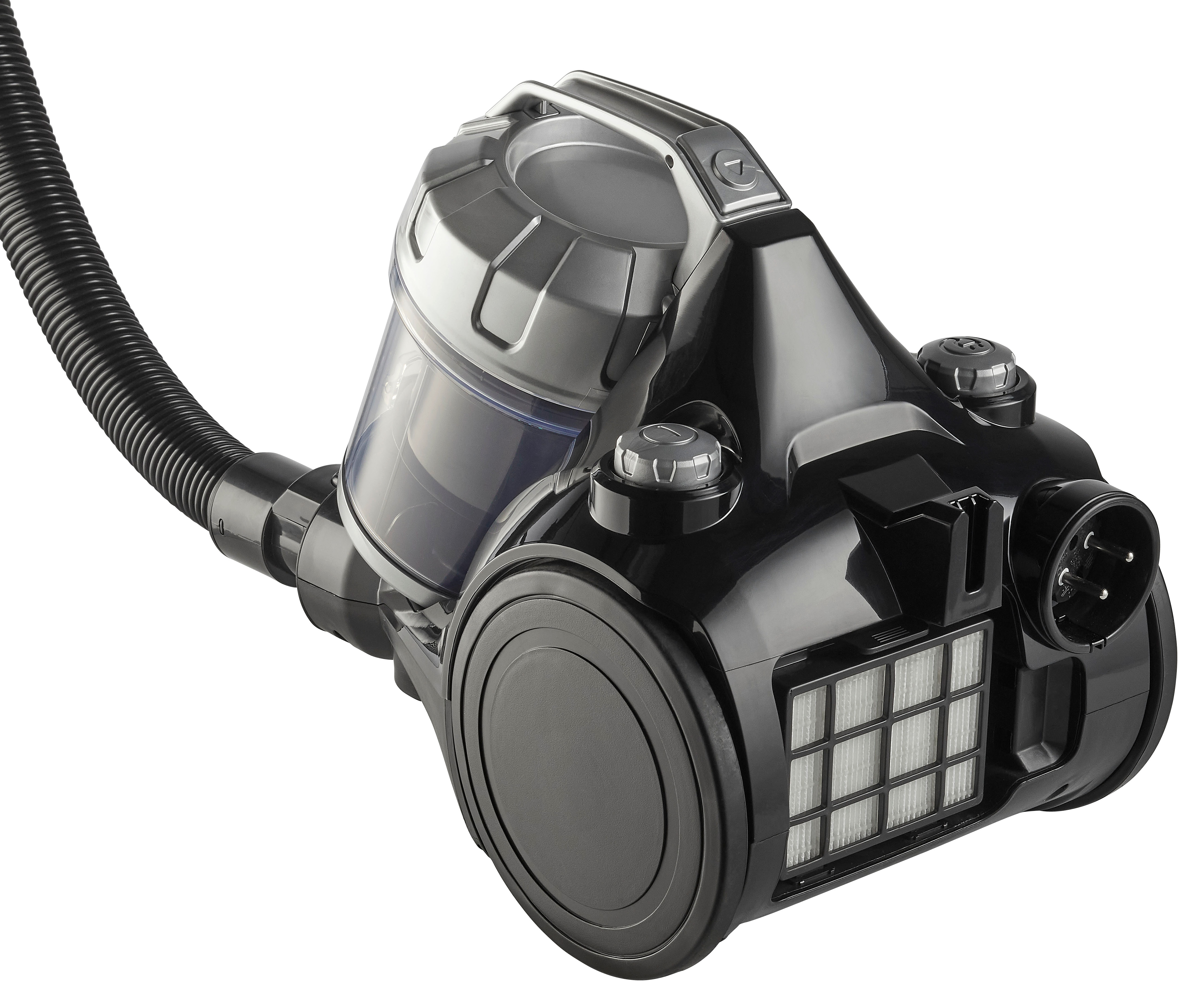 Black vacuum cleaner with a hose and filter. Close up view of the cleaner on white background.