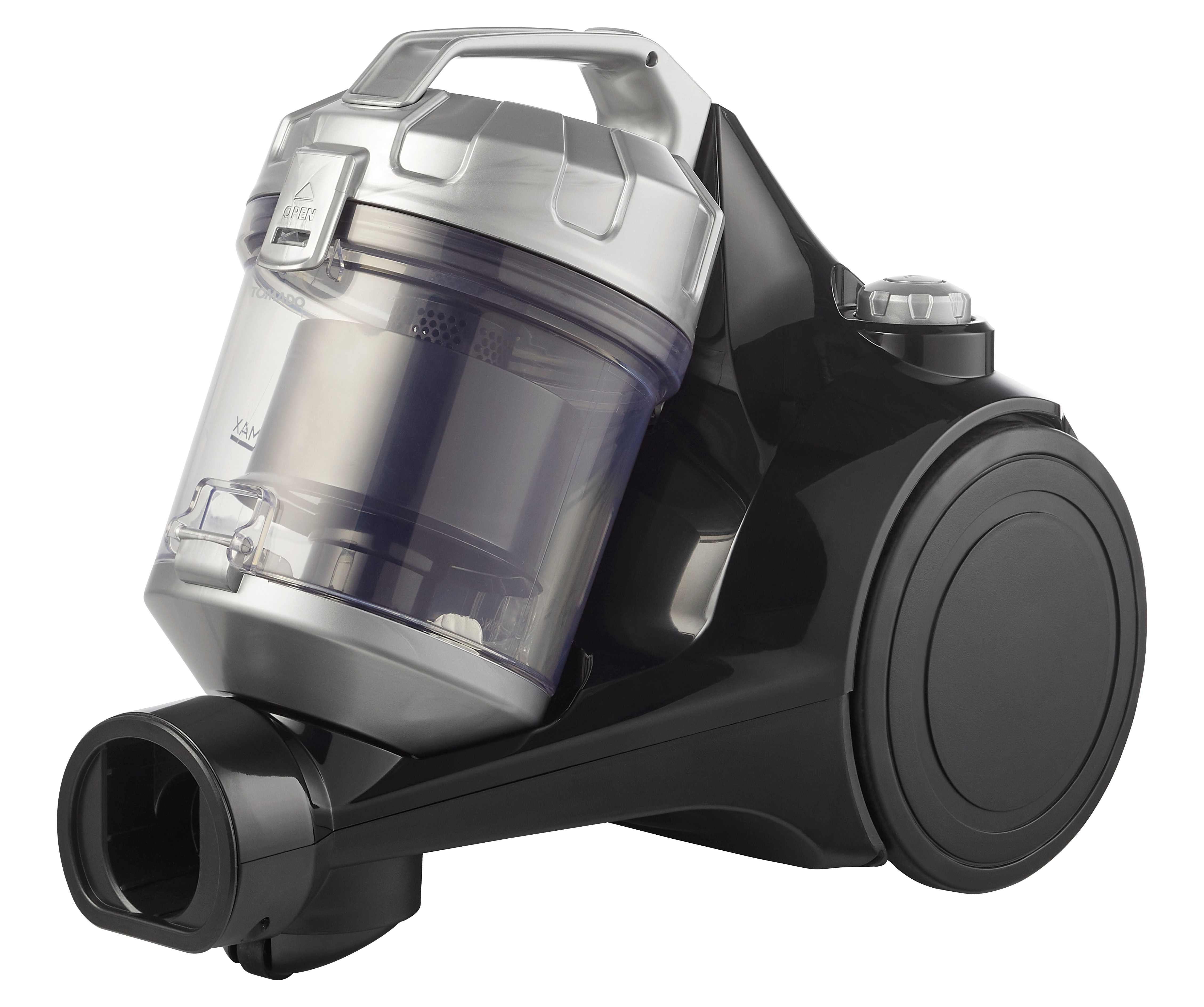 Black vacuum cleaner with a transparent container. The container is in the front.