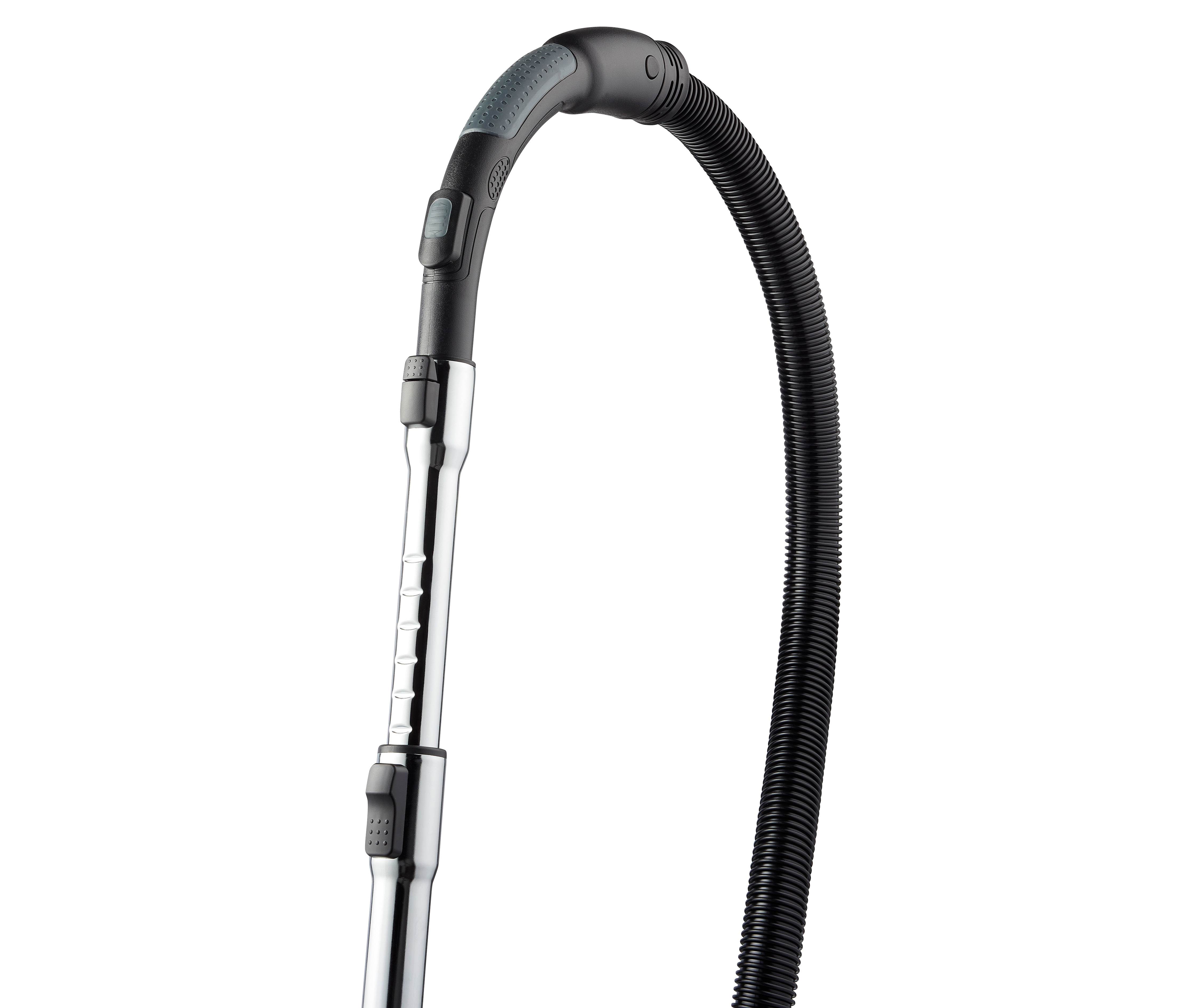 A black vacuum cleaner hose with a silver extension and handle.
