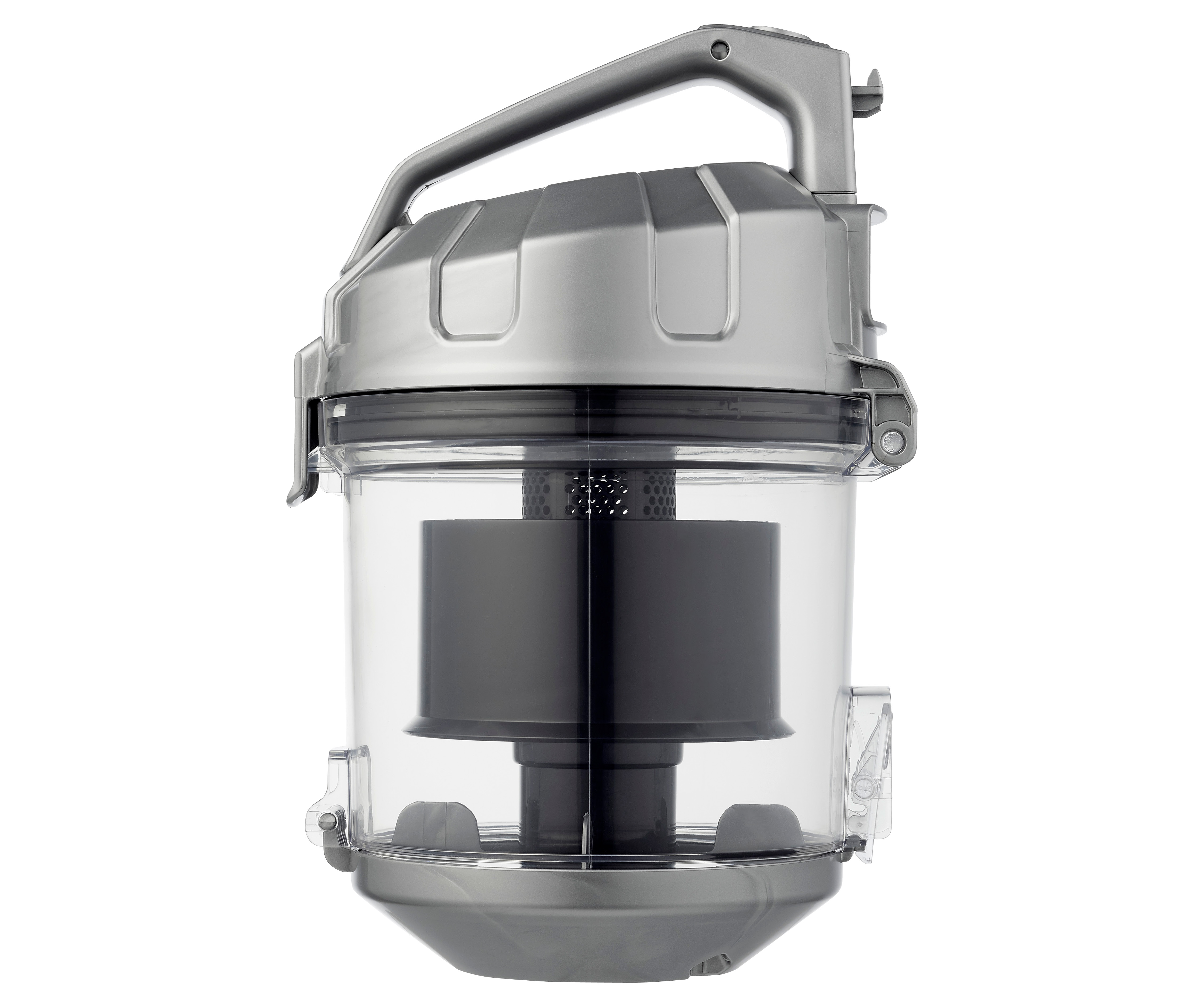 Vacuum cleaner container. Transparent with a filter and a silver handle.
