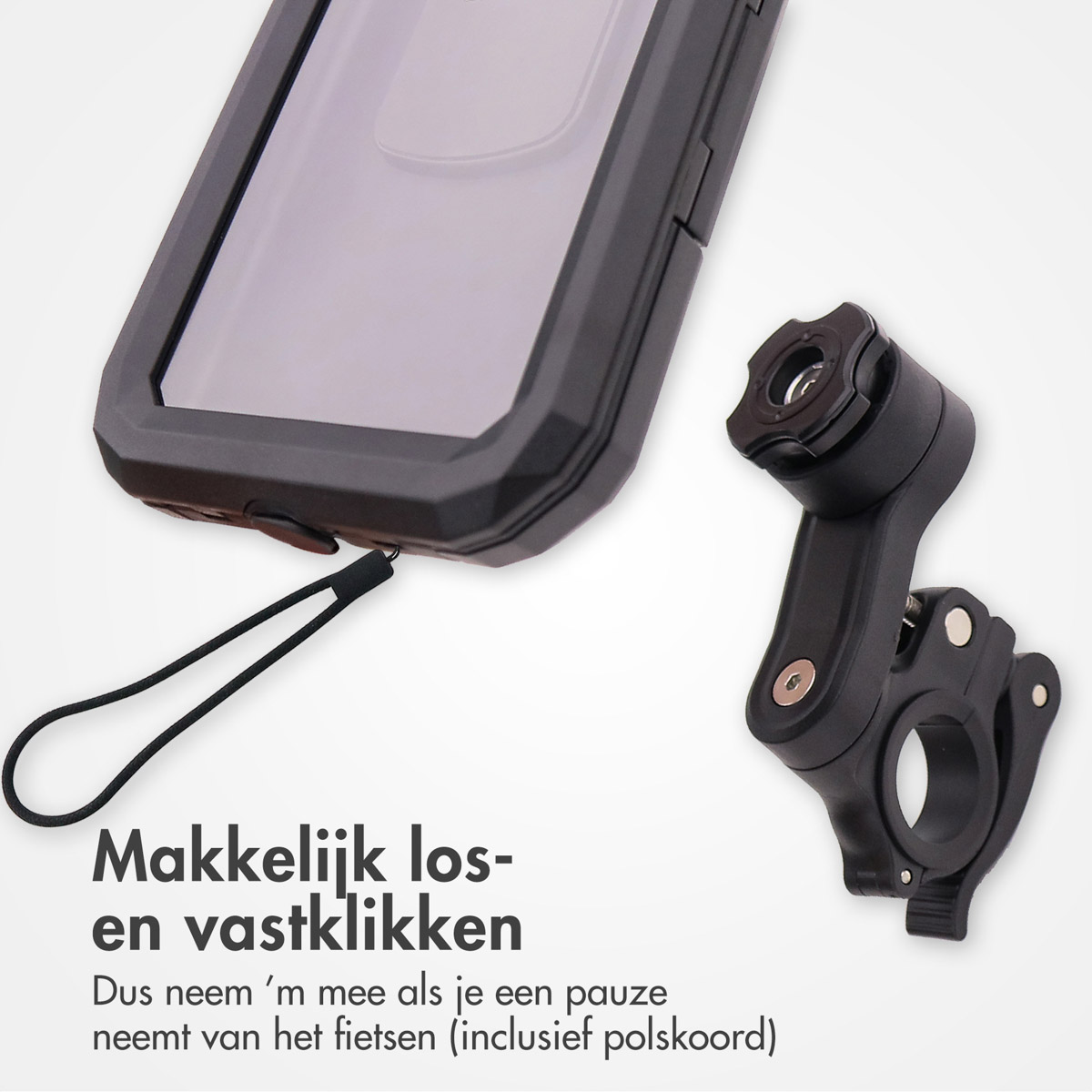 Black phone holder for bicycle with lanyard, easy to attach and detach.