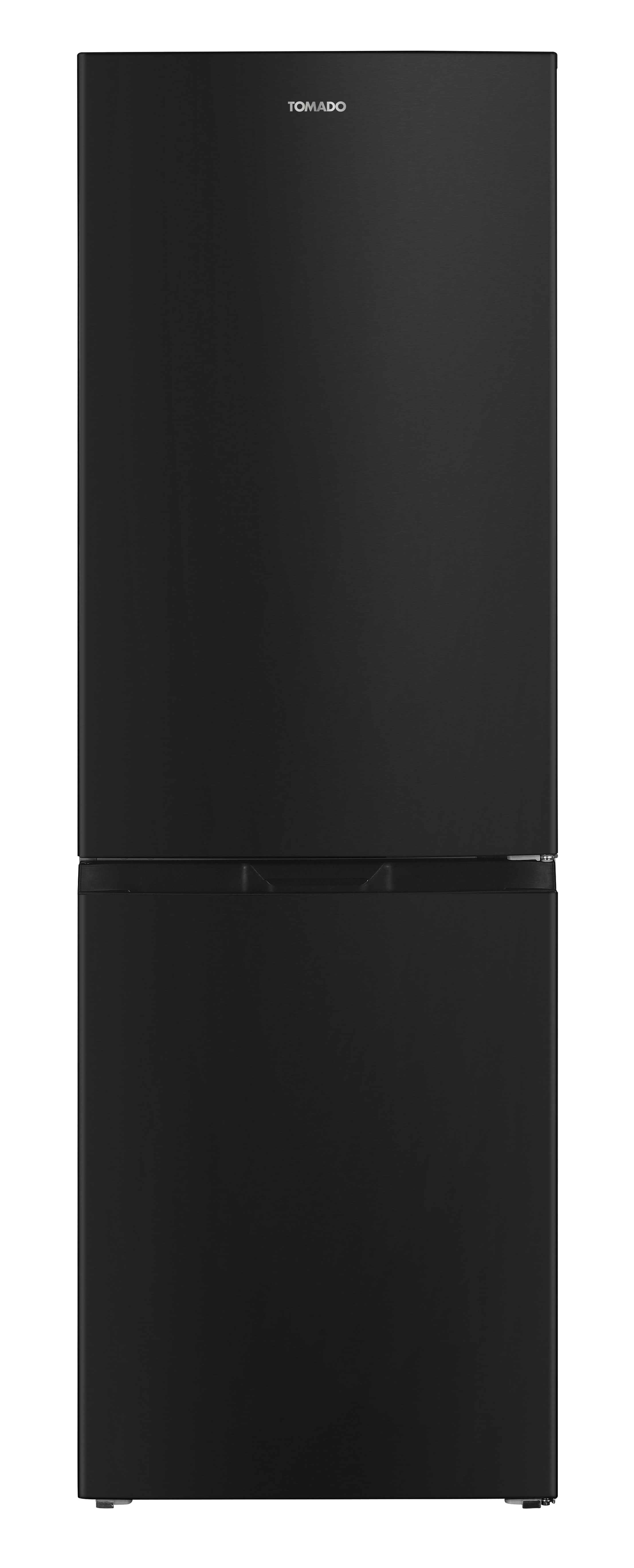 A tall black refrigerator. It has two doors and the TOMADO logo on top.