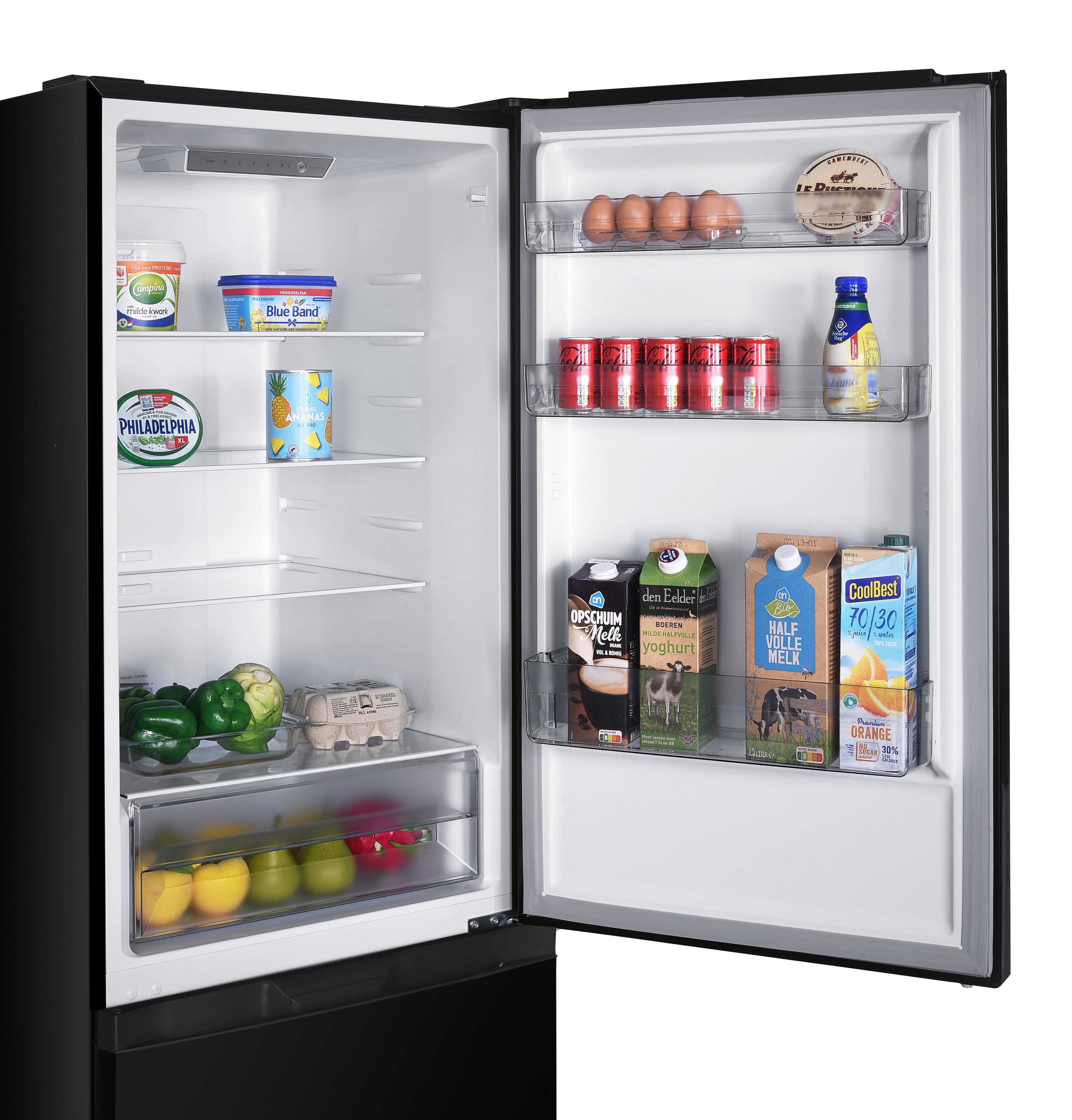 Black refrigerator, opened. Contains food items in the compartments. Various food items visible.