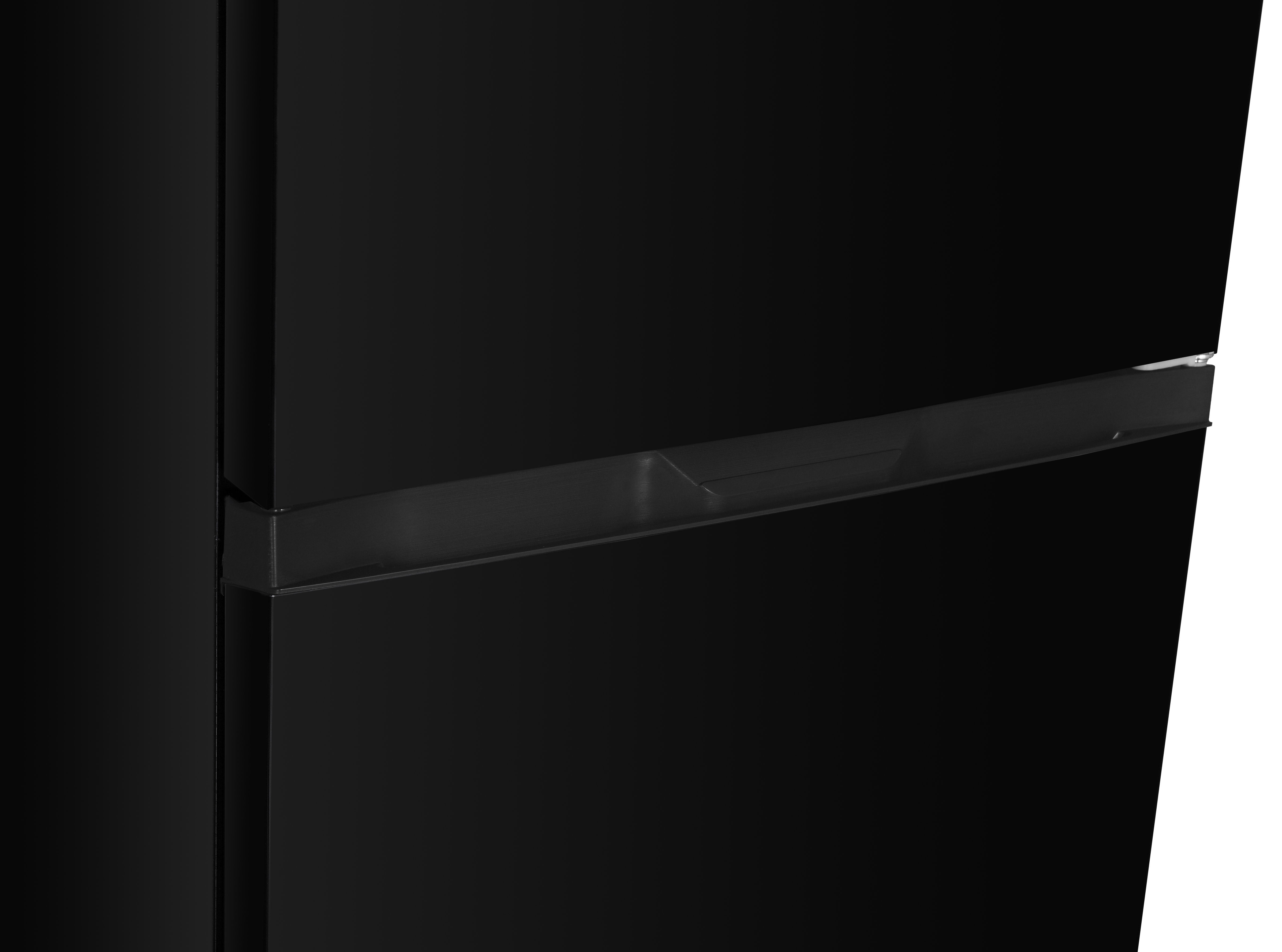 Close-up of a black refrigerator, showing the door handle and a portion of the door.