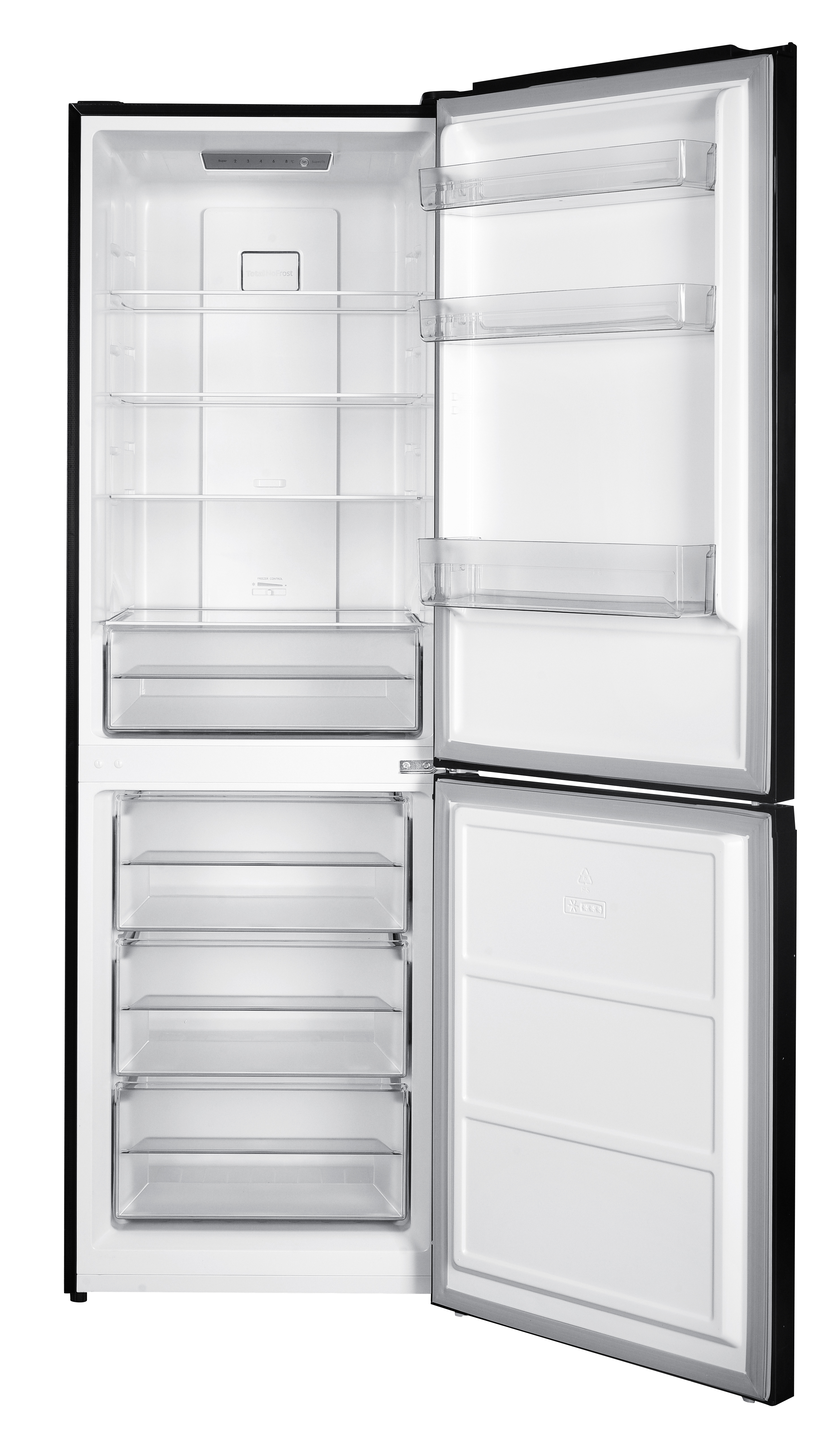 Black refrigerator with open doors. Interior shelves are visible, with drawers below.