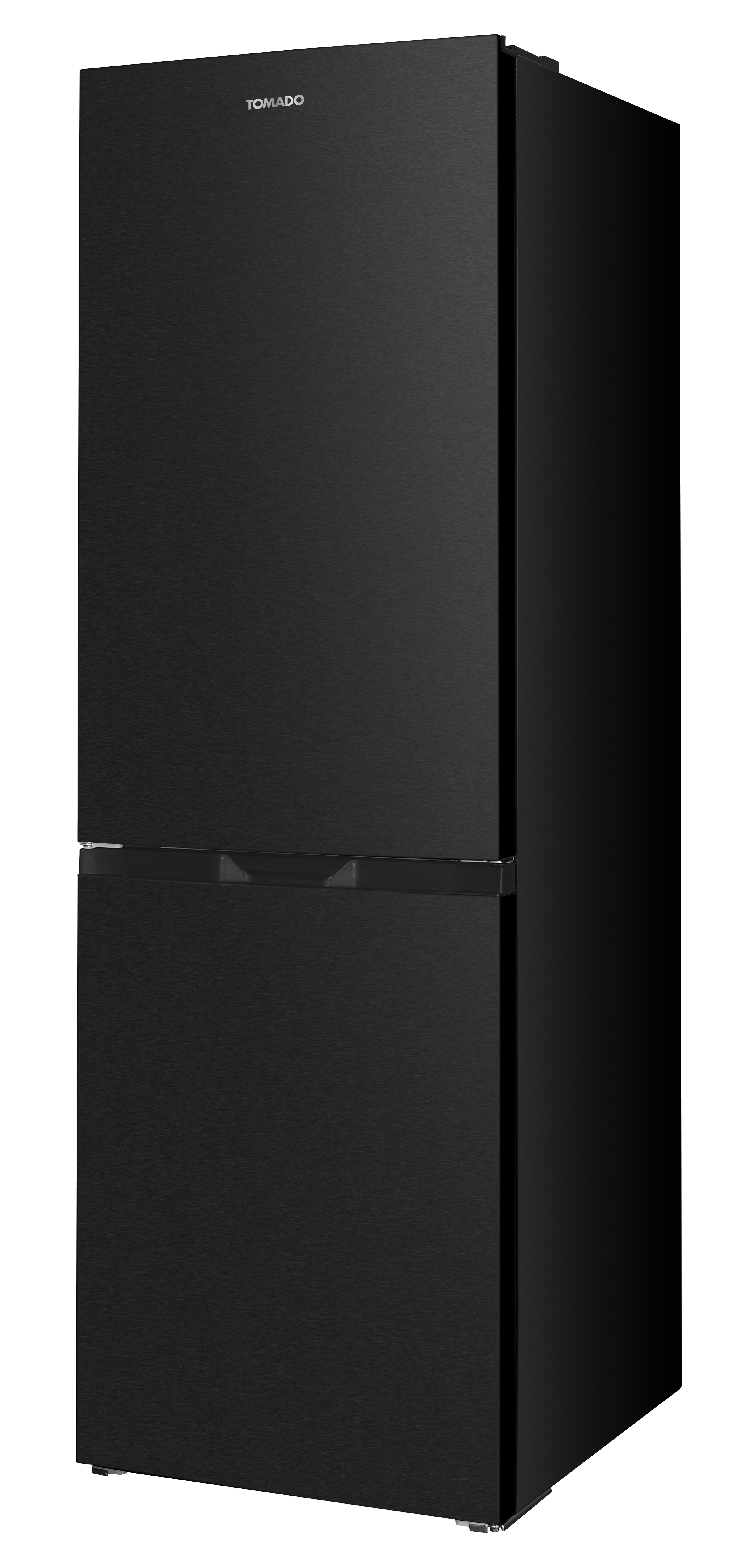 Black refrigerator with a freezer at the bottom and Tomado branding.