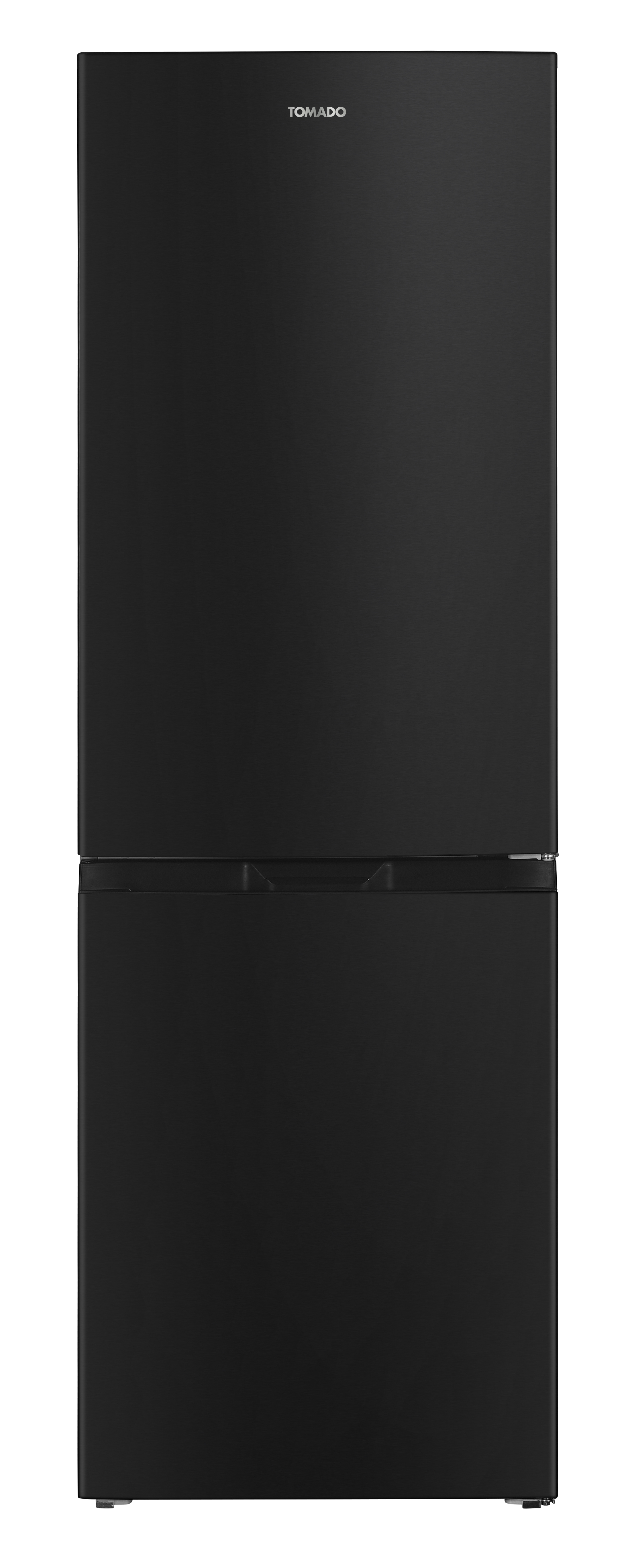 A tall, black refrigerator with a freezer below and the Tomado logo at the top.