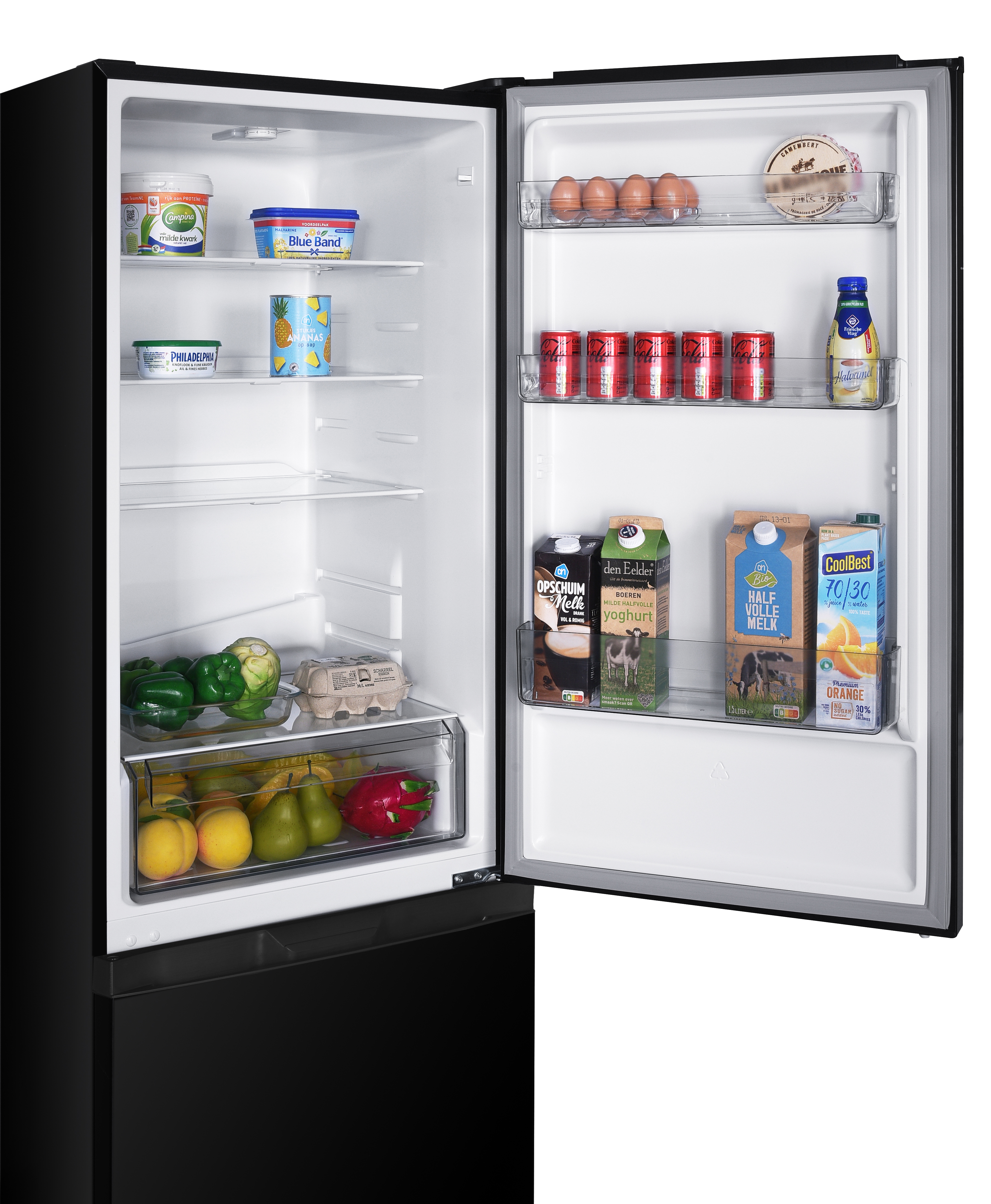 Black refrigerator, open, showing shelves of food: eggs, drinks, produce.