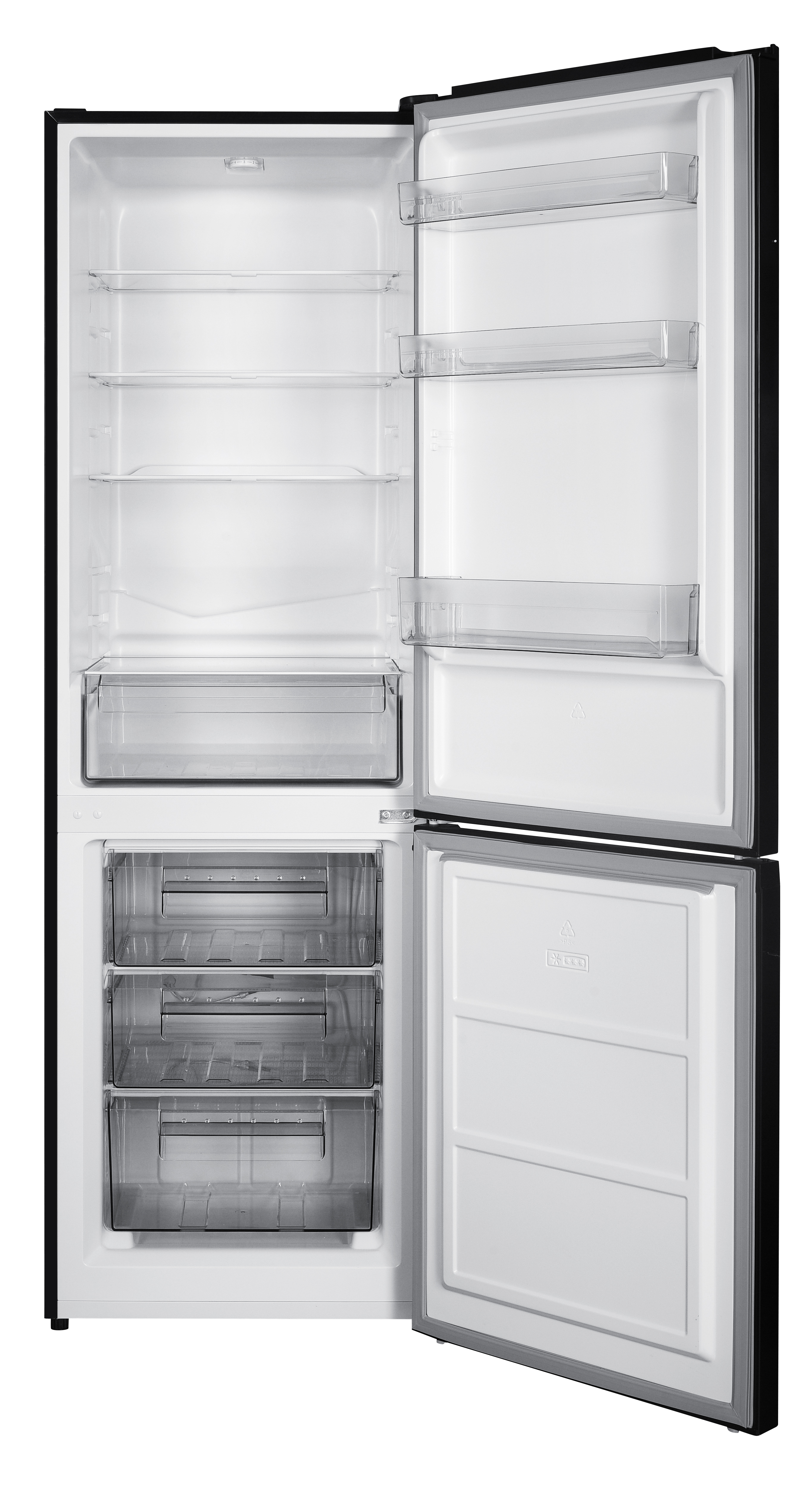 Open black refrigerator with shelves, drawers, and clear plastic containers inside. Both doors are open.