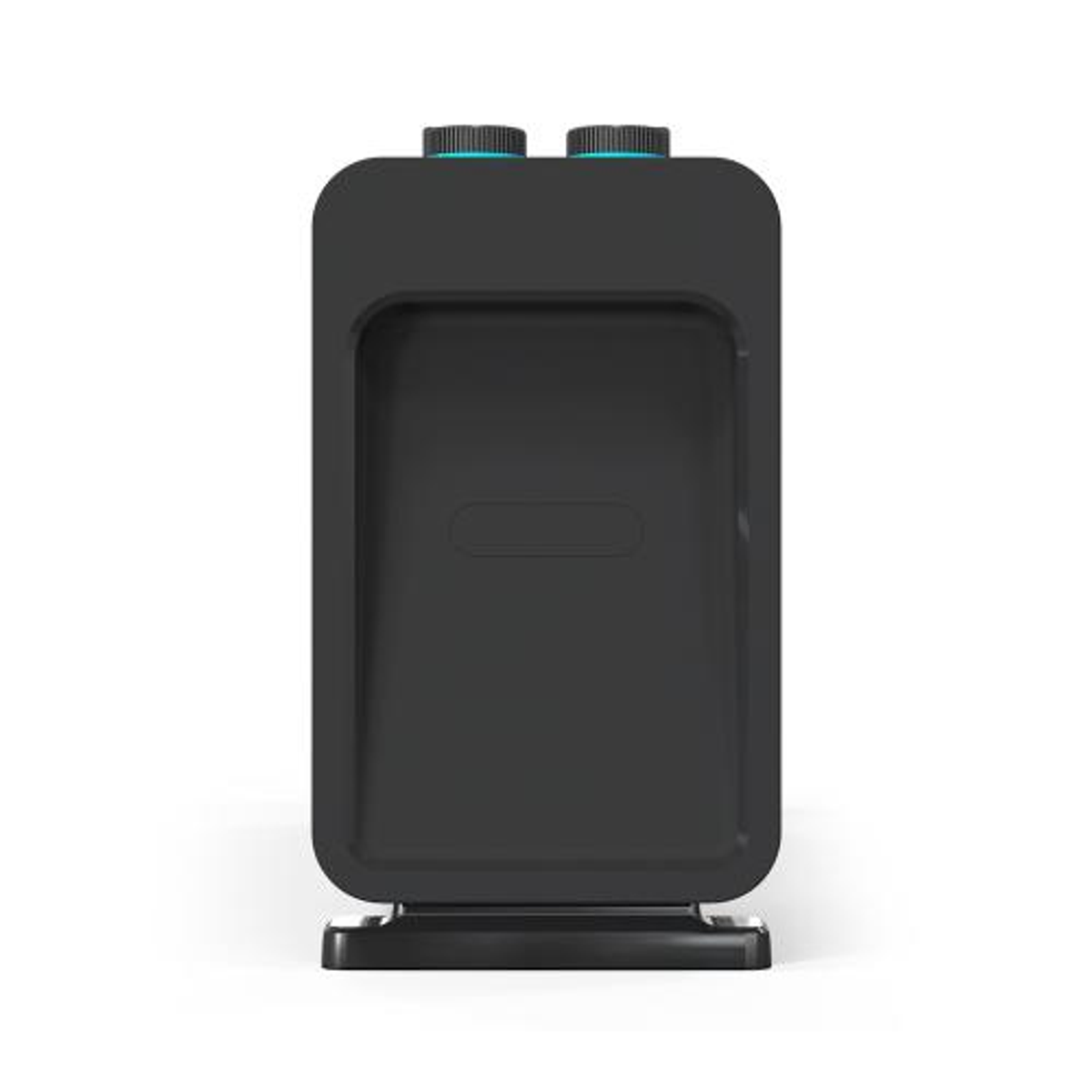 Czarne urządzenie elektroniczne z dwoma niebieskimi przyciskami na górze i podstawką. Płaska powierzchnia.