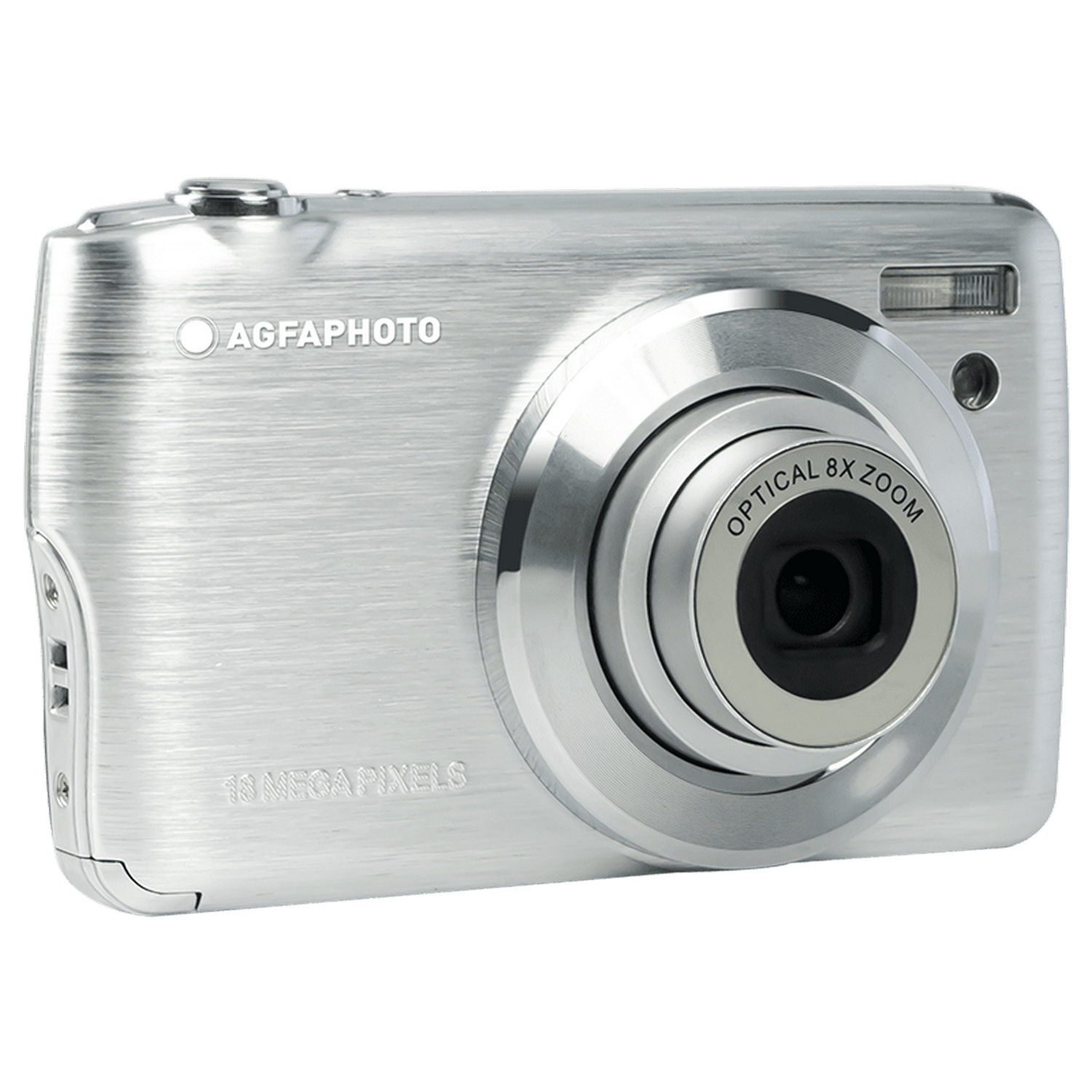 Srebrny aparat cyfrowy ze srebrnym obiektywem i logo AgfaPhoto.