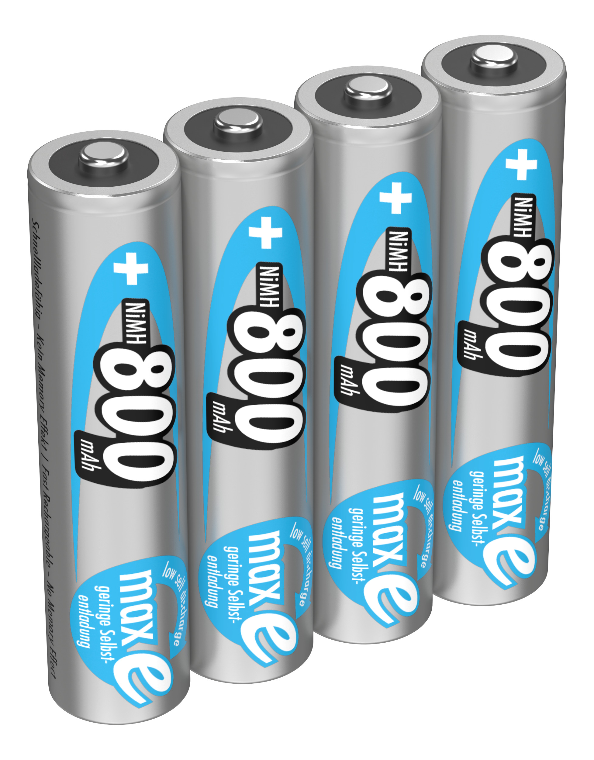 Vier zylindrische Batterien mit Pluszeichen und blauen Etiketten, beschriftet mit 800 mAh, auf weißem Hintergrund.
