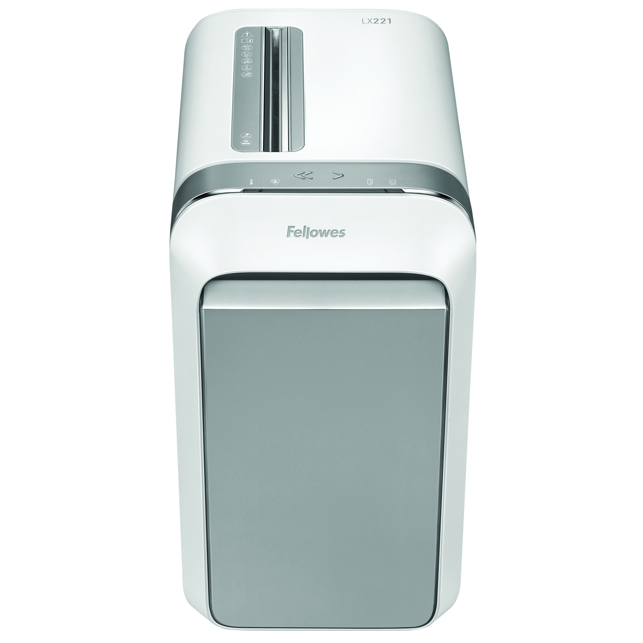 A white Fellowes LX221 paper shredder, viewed from above, with a silver top section.