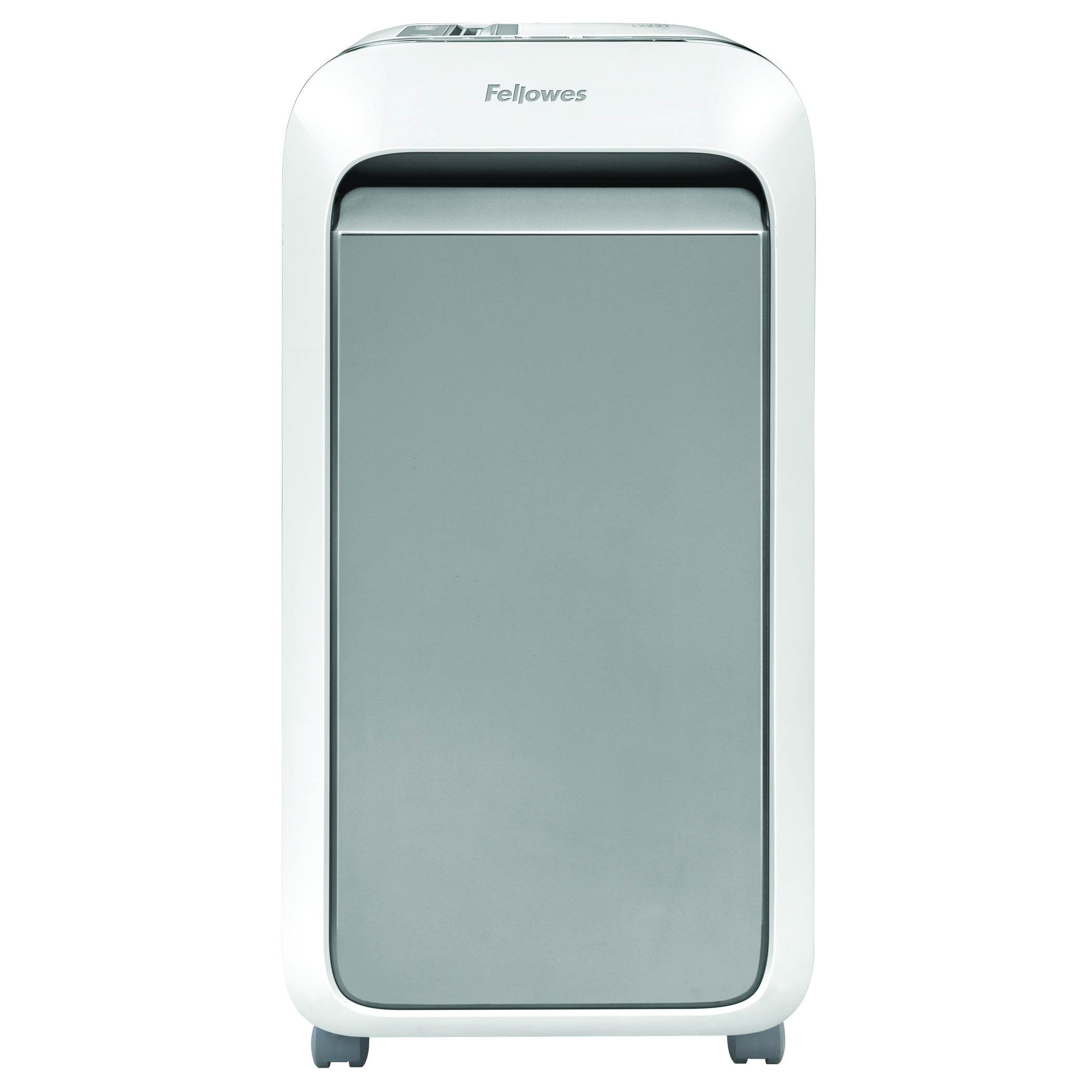 White and grey Fellowes paper shredder. White background. 