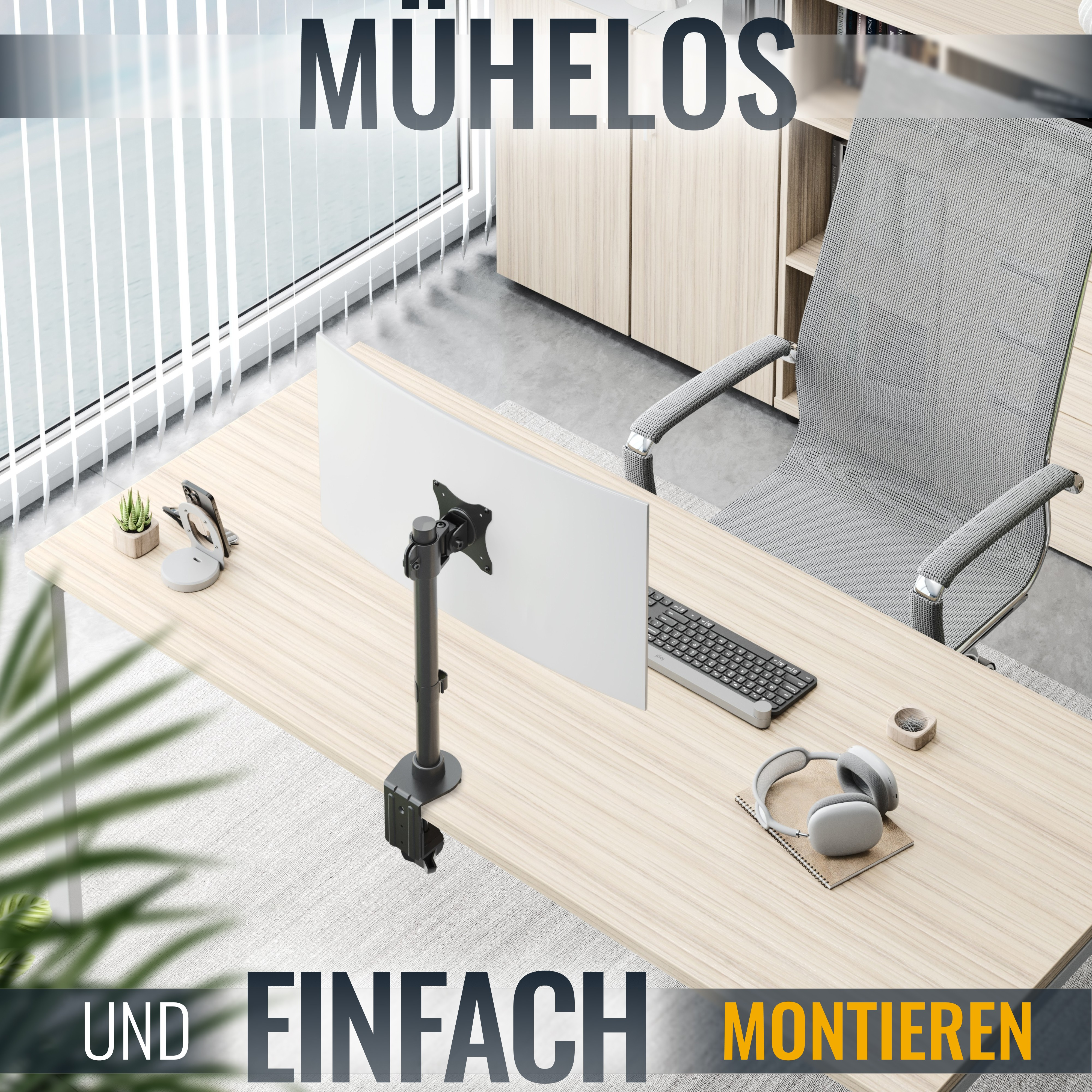 Schreibtisch mit Monitor und Zubehör. Deutscher Text: "Einfach montieren".