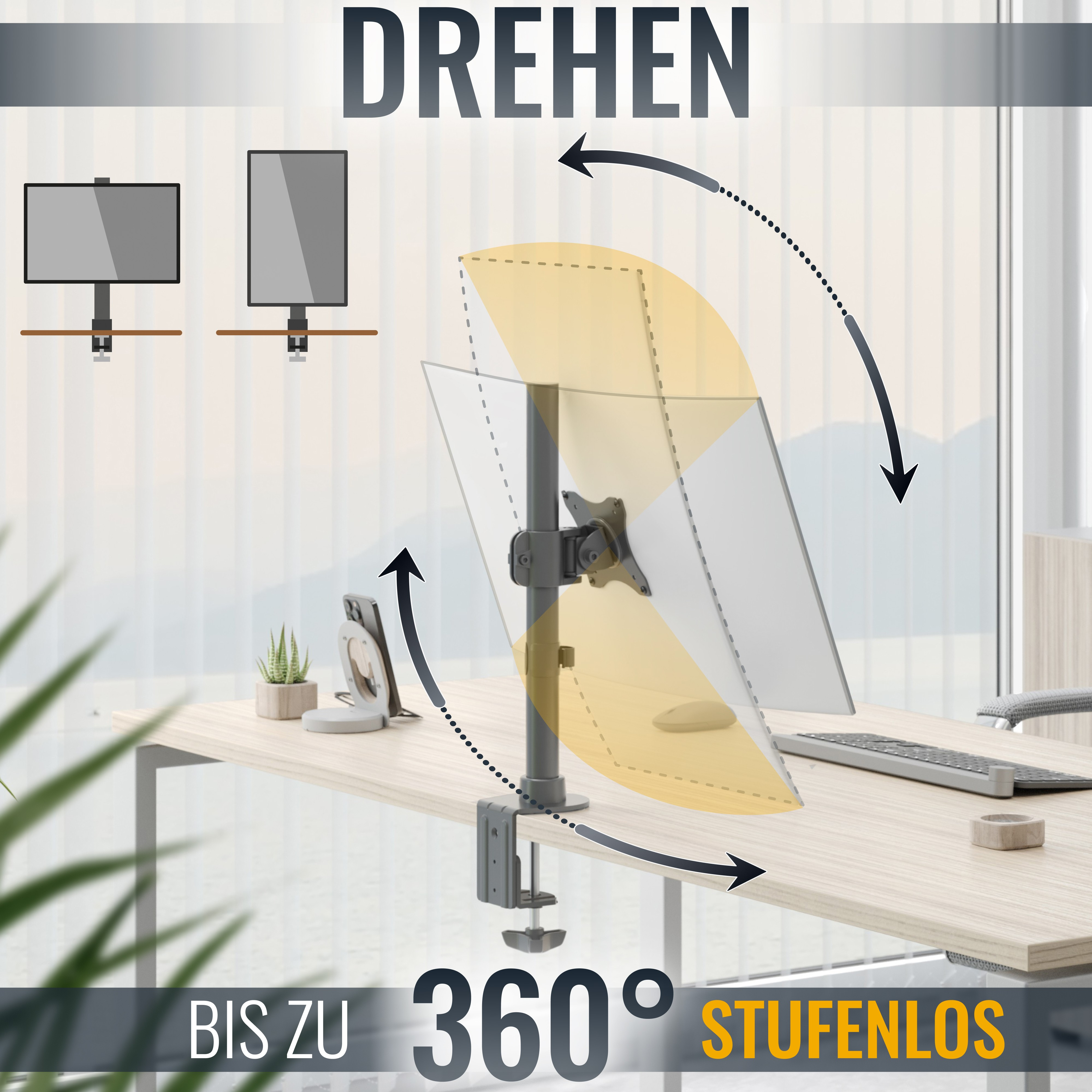 Ein Monitorständer mit verstellbaren Armen, der eine 360-Grad-Drehung ermöglicht.