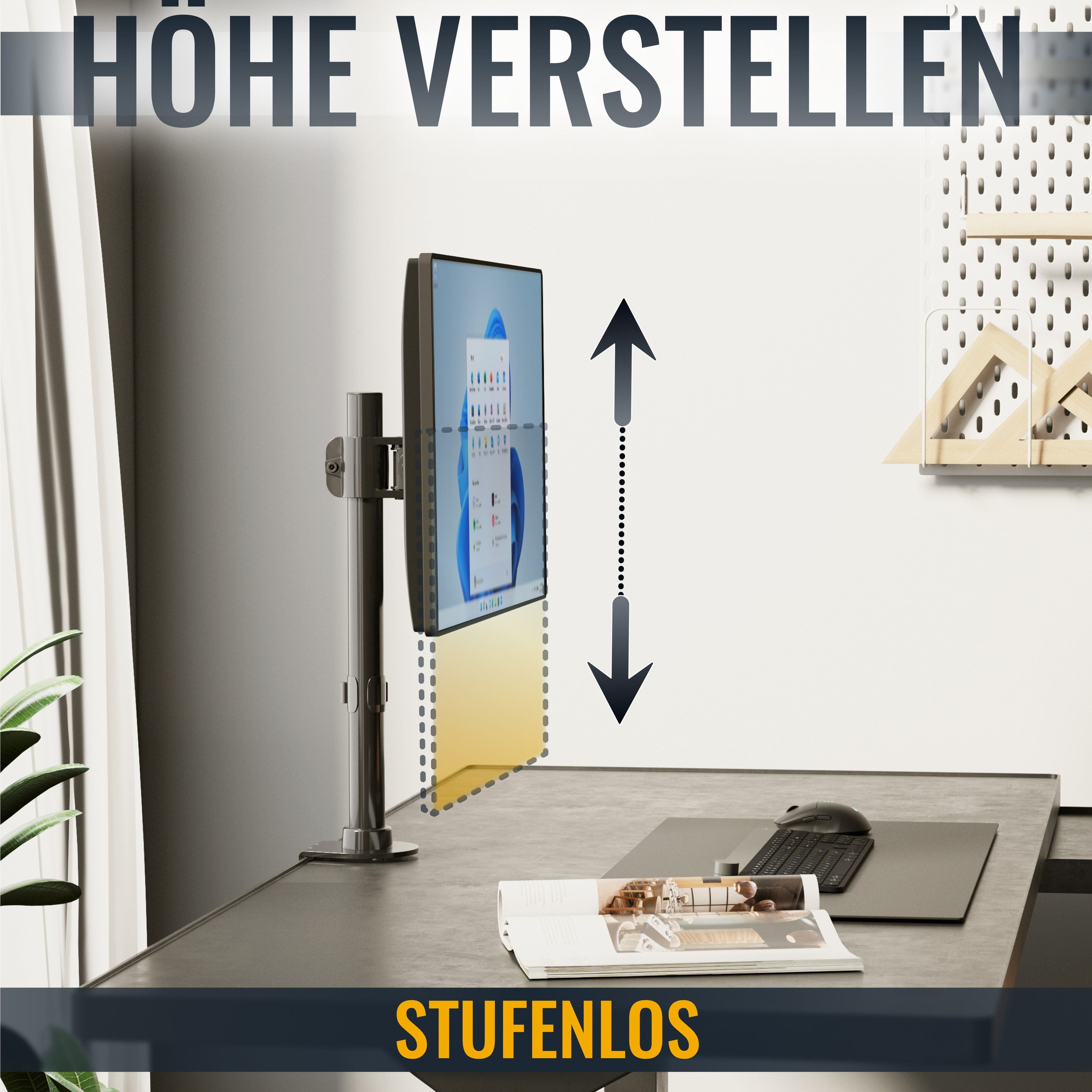 Ein Monitor auf einem Schreibtisch, mit Pfeilen zur Höhenverstellung. Text sichtbar.