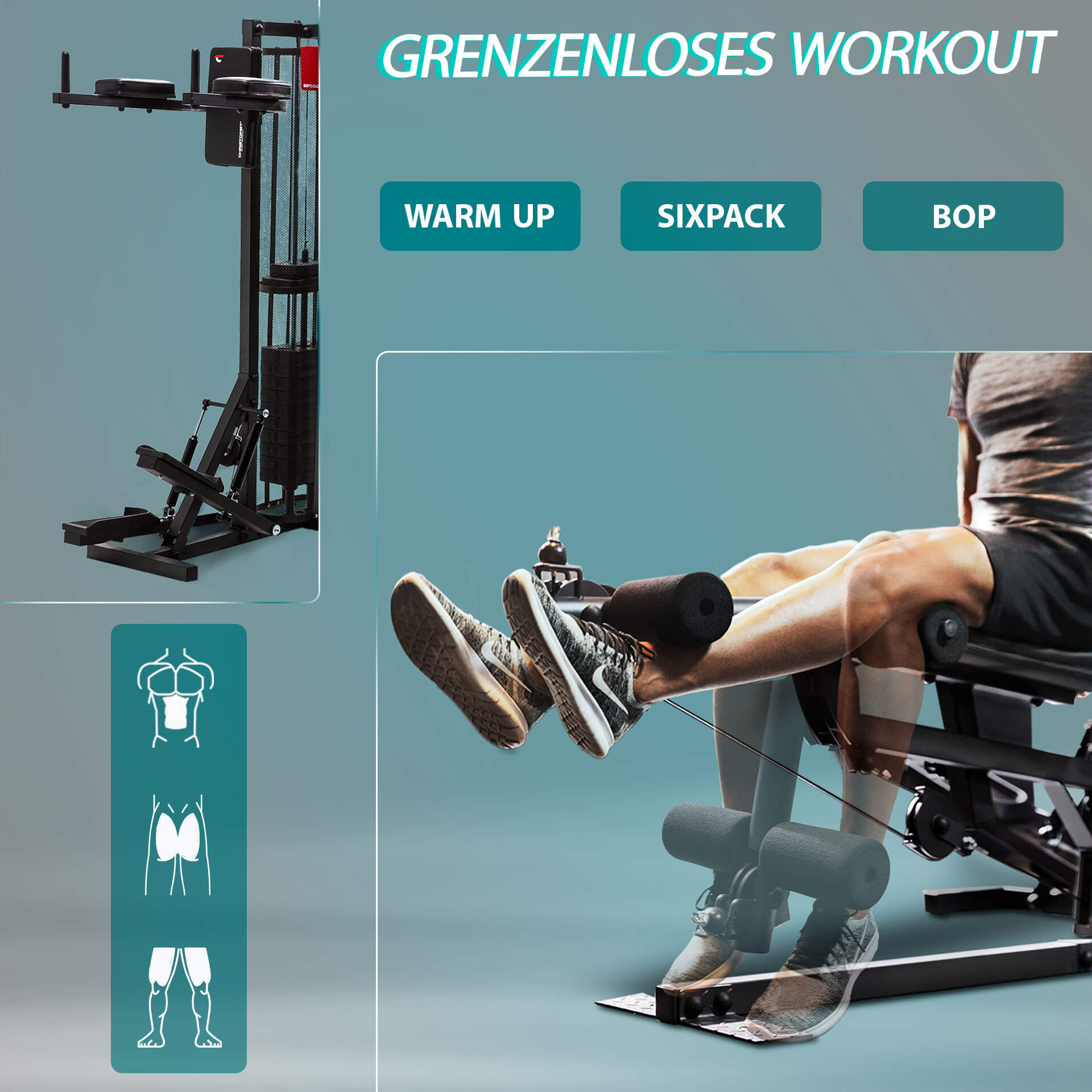 Eine Trainingsmaschine mit einem Mann, der sie benutzt, und Icons für Aufwärmen, Sixpack und Bop.