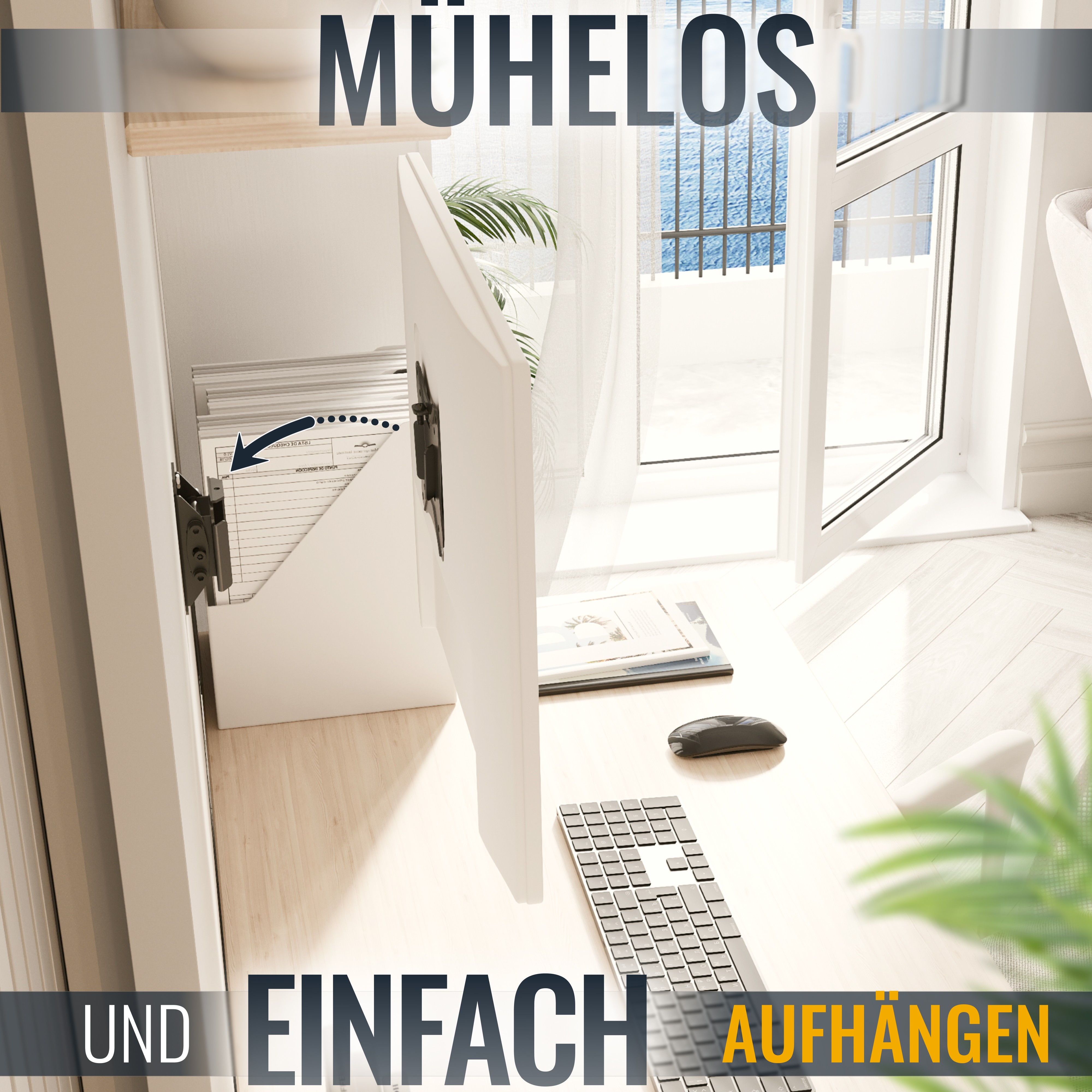 Ein weißer Schreibtisch mit Monitor, Tastatur und Fenster mit Balkon.